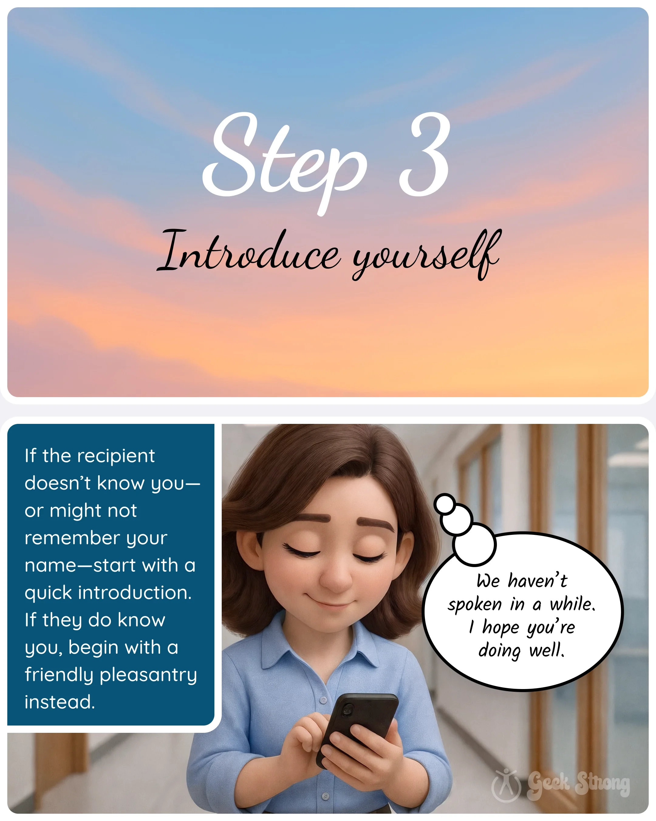  Step 3 card “Introduce yourself” with a panel explaining how to start with a short introduction or a friendly pleasantry. 