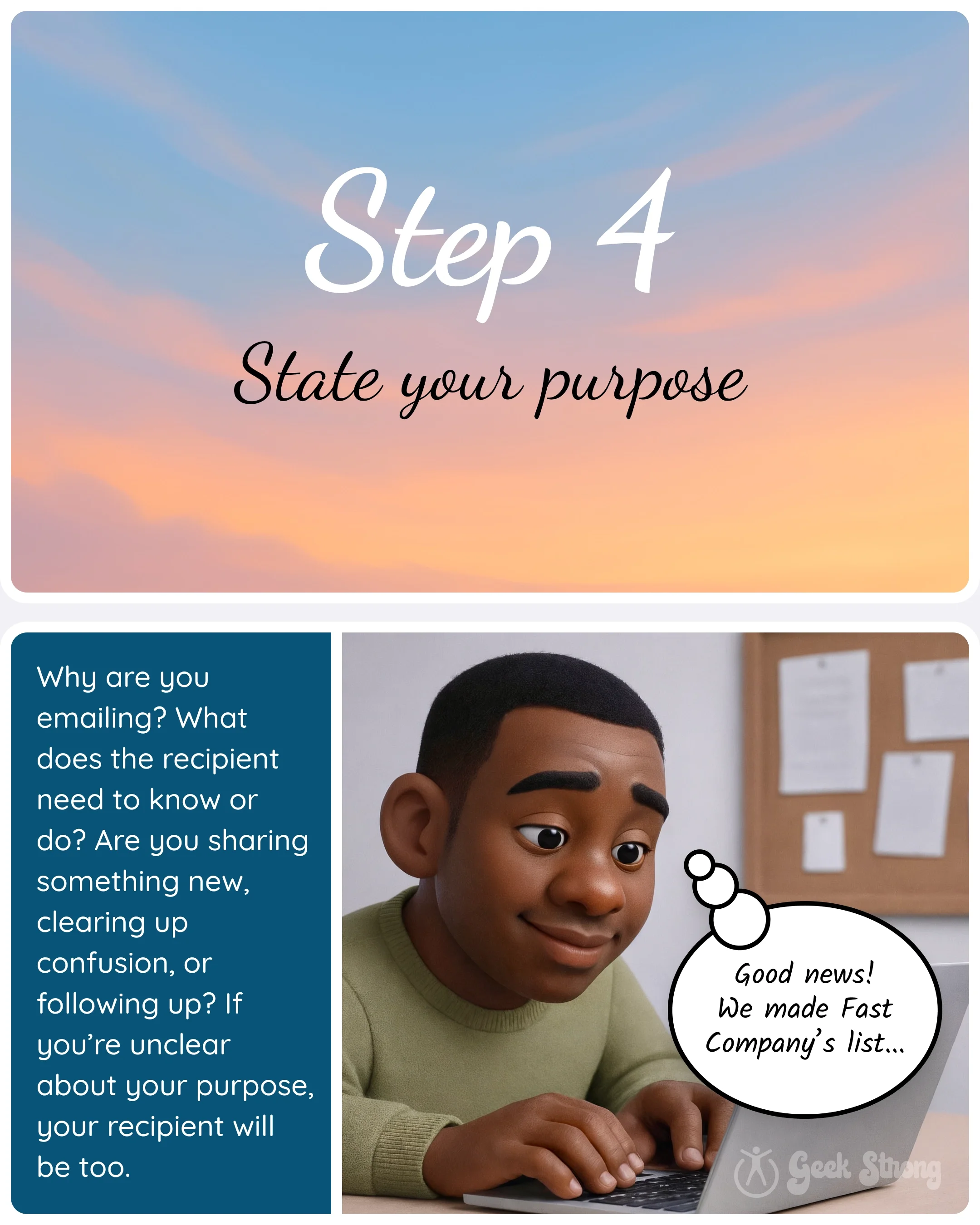  Step 4 card “State your purpose” with a panel explaining why clarity matters and a character announcing good news on a laptop.. 