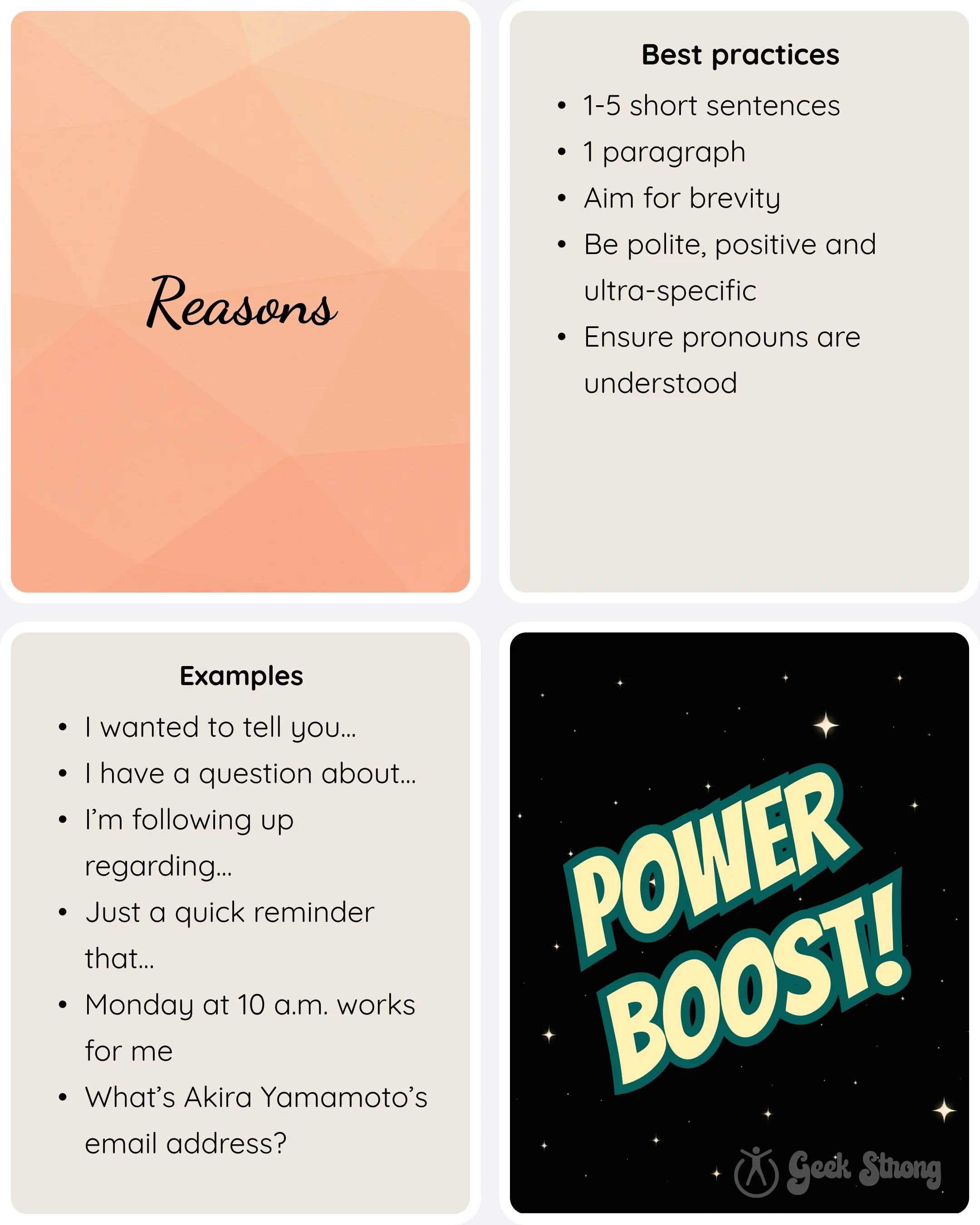  Cards titled Reasons and Best practices with example phrases for clearly stating the purpose of an email and a “Power Boost” graphic. 