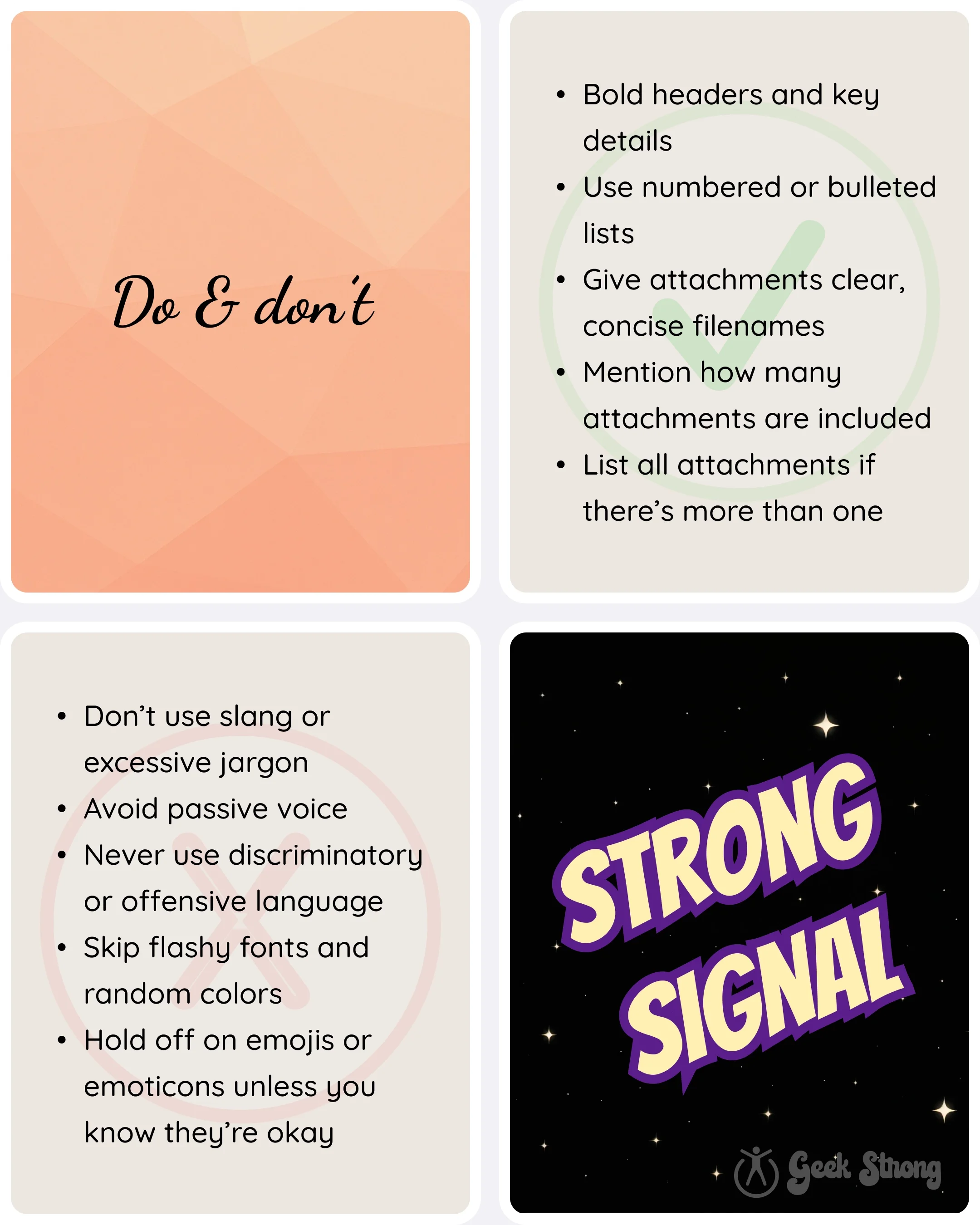  “Do &amp; don’t” card listing email writing tips and mistakes to avoid with a “Strong Signal” graphic. 