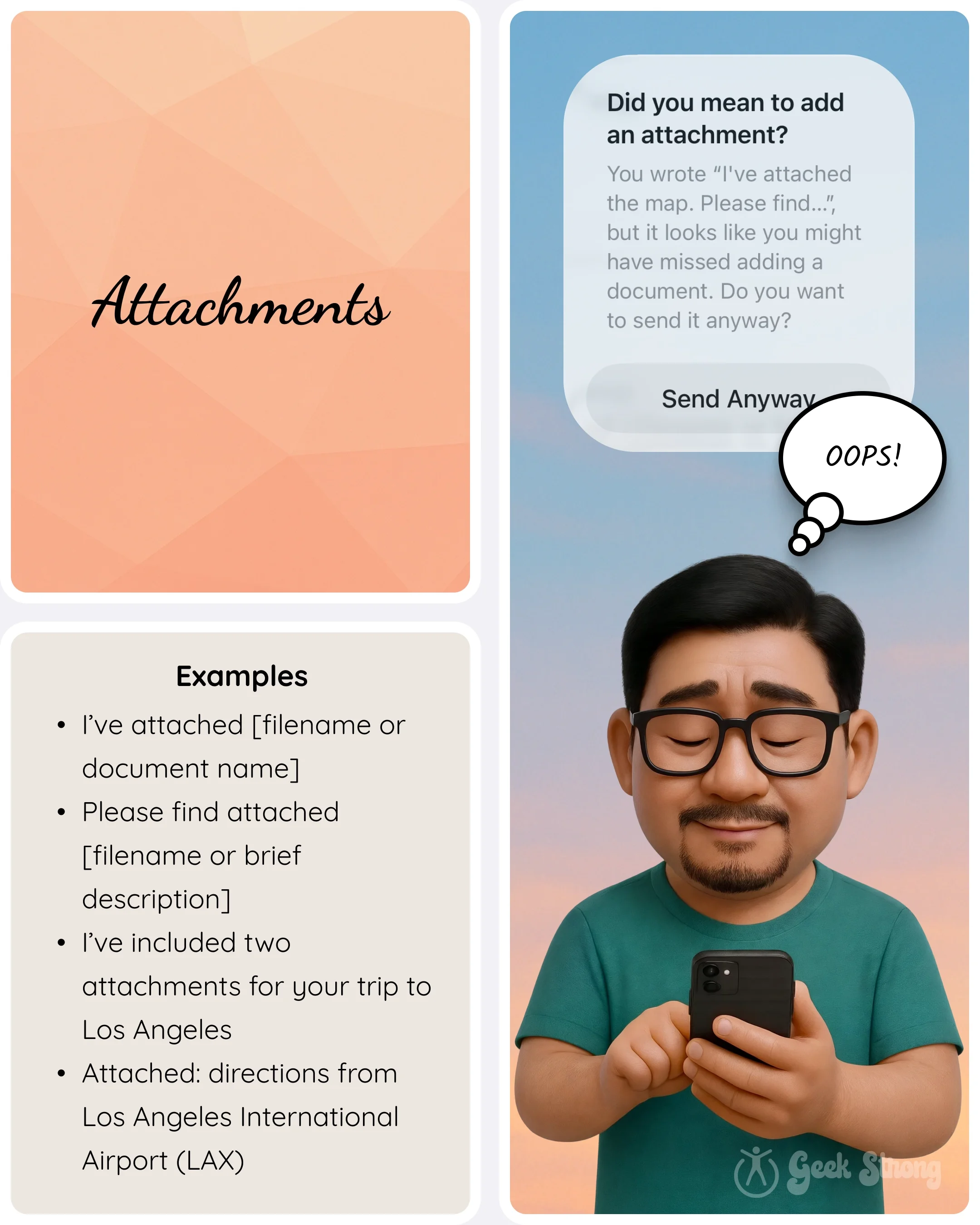  Attachments card with examples of how to reference files in an email and a character realizing they forgot to attach a document. 