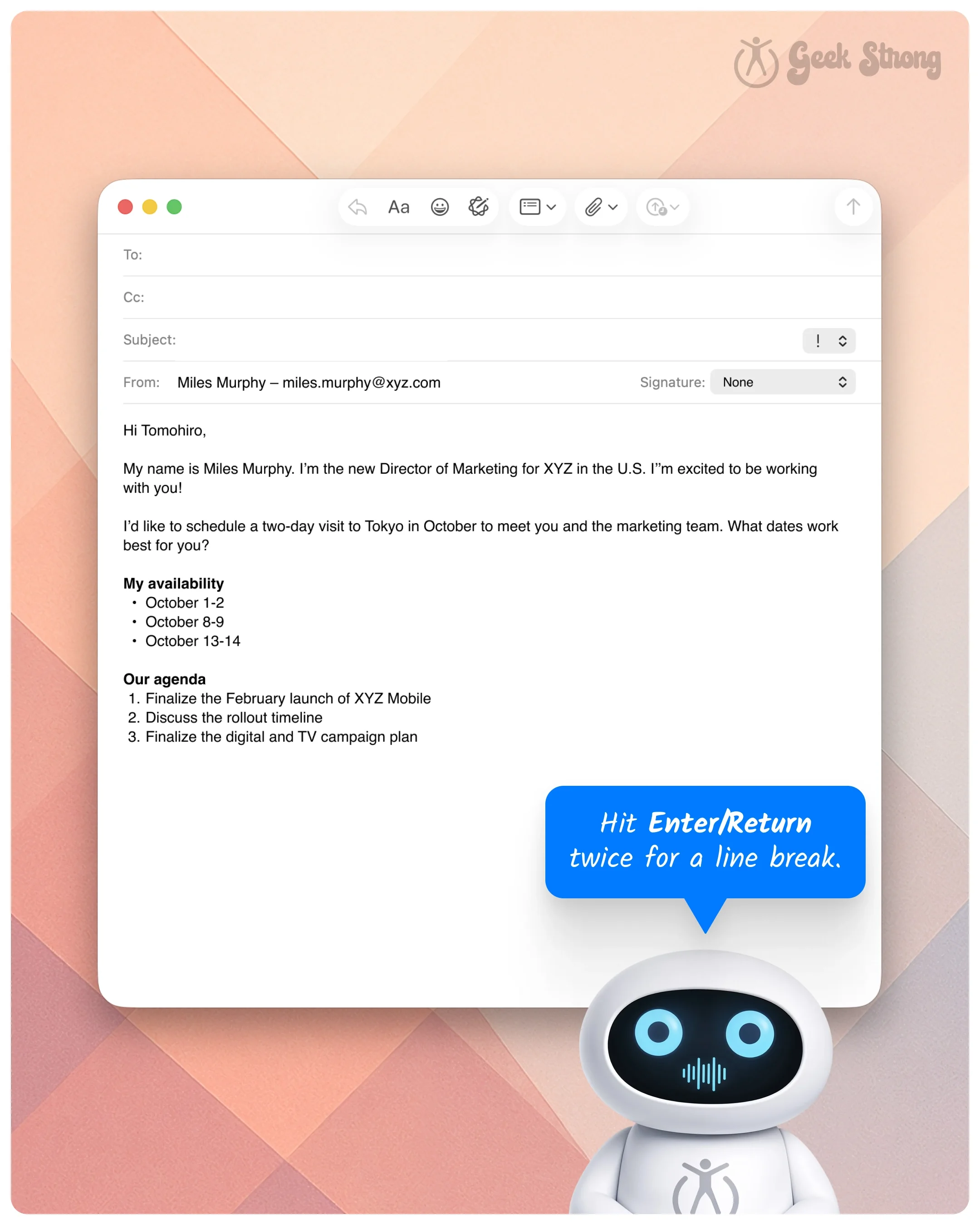  Email compose window showing a message with bullet points and attachments while a robot suggests a line break. 