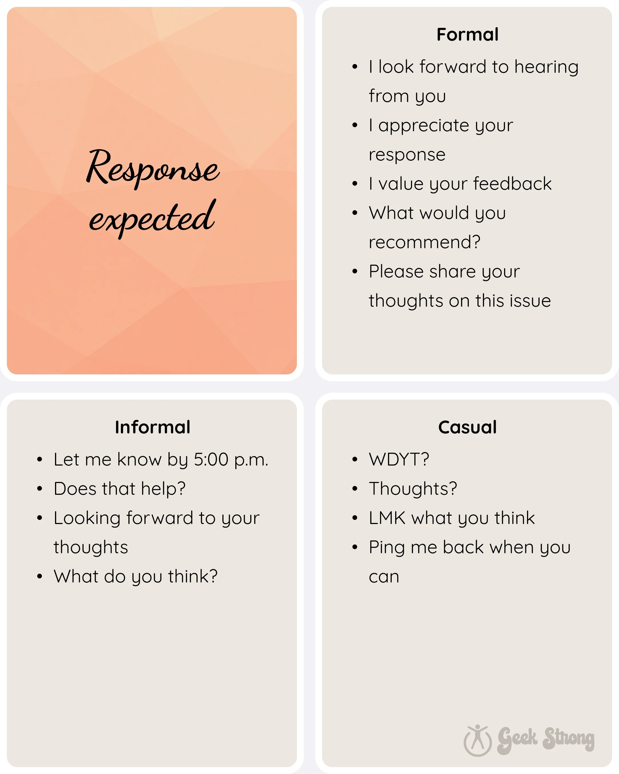  Response expected card listing formal, informal, and casual phrases used when requesting a reply. 
