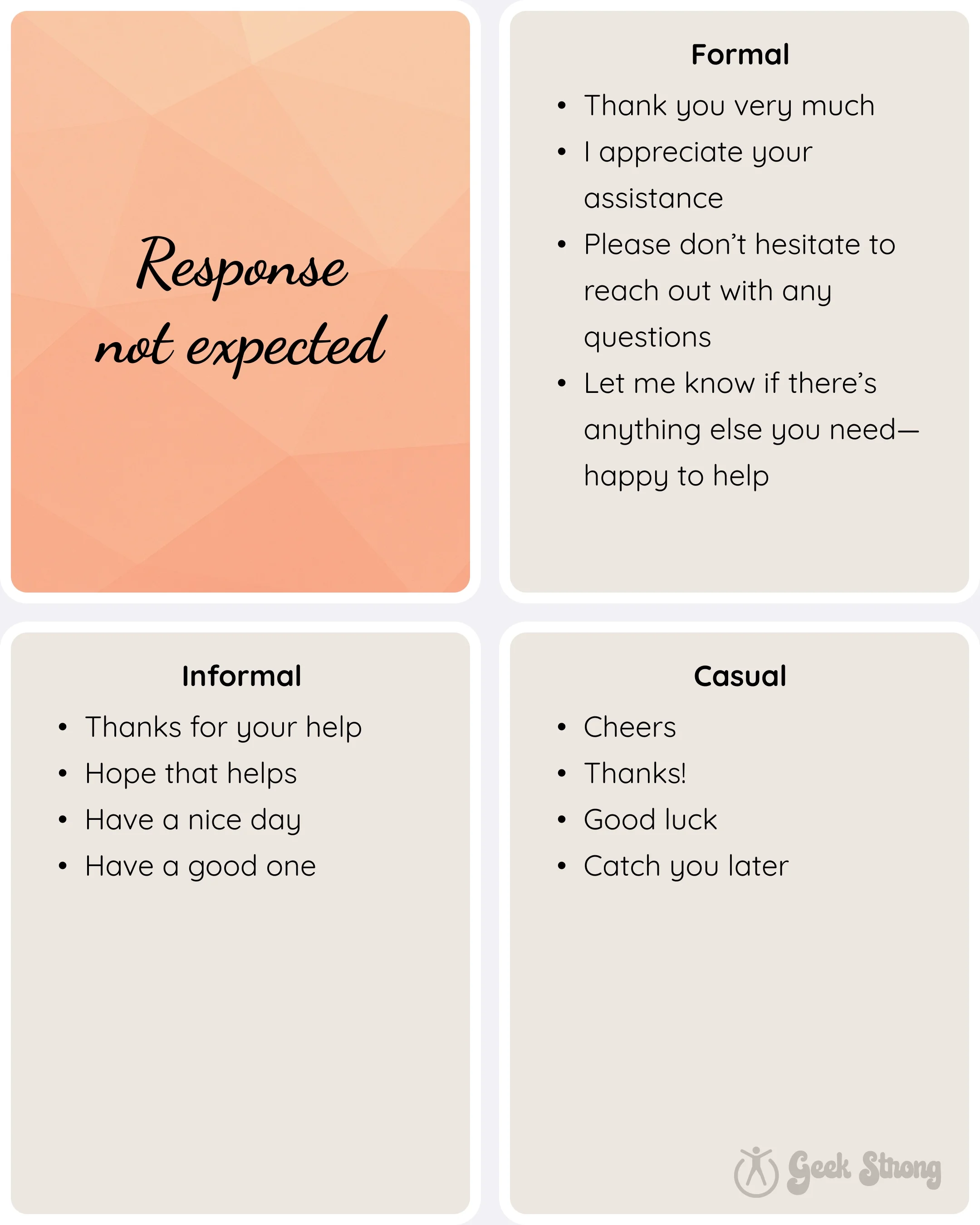  Response not expected card listing formal, informal, and casual phrases used when no reply is needed. 