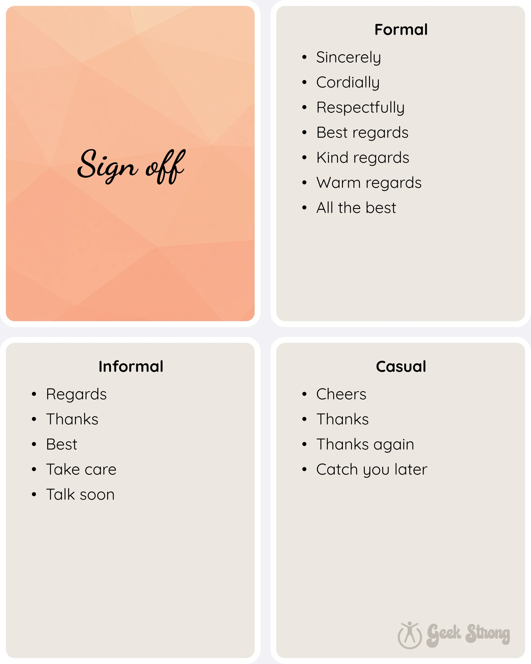  Sign-off examples organized into formal, informal, and casual closing phrases. 