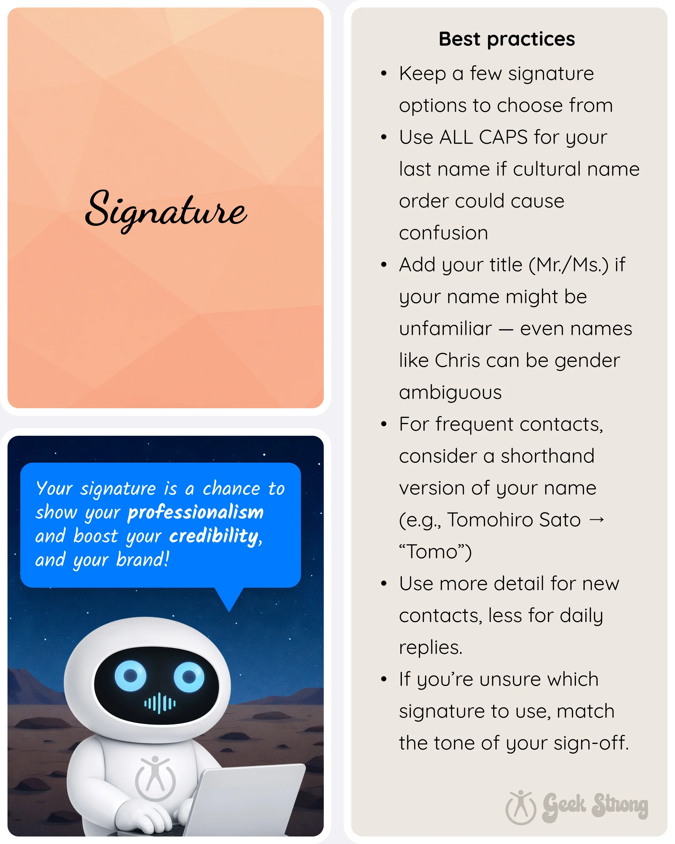  Signature best practices card with a robot explaining that a signature reinforces professionalism and credibility. 