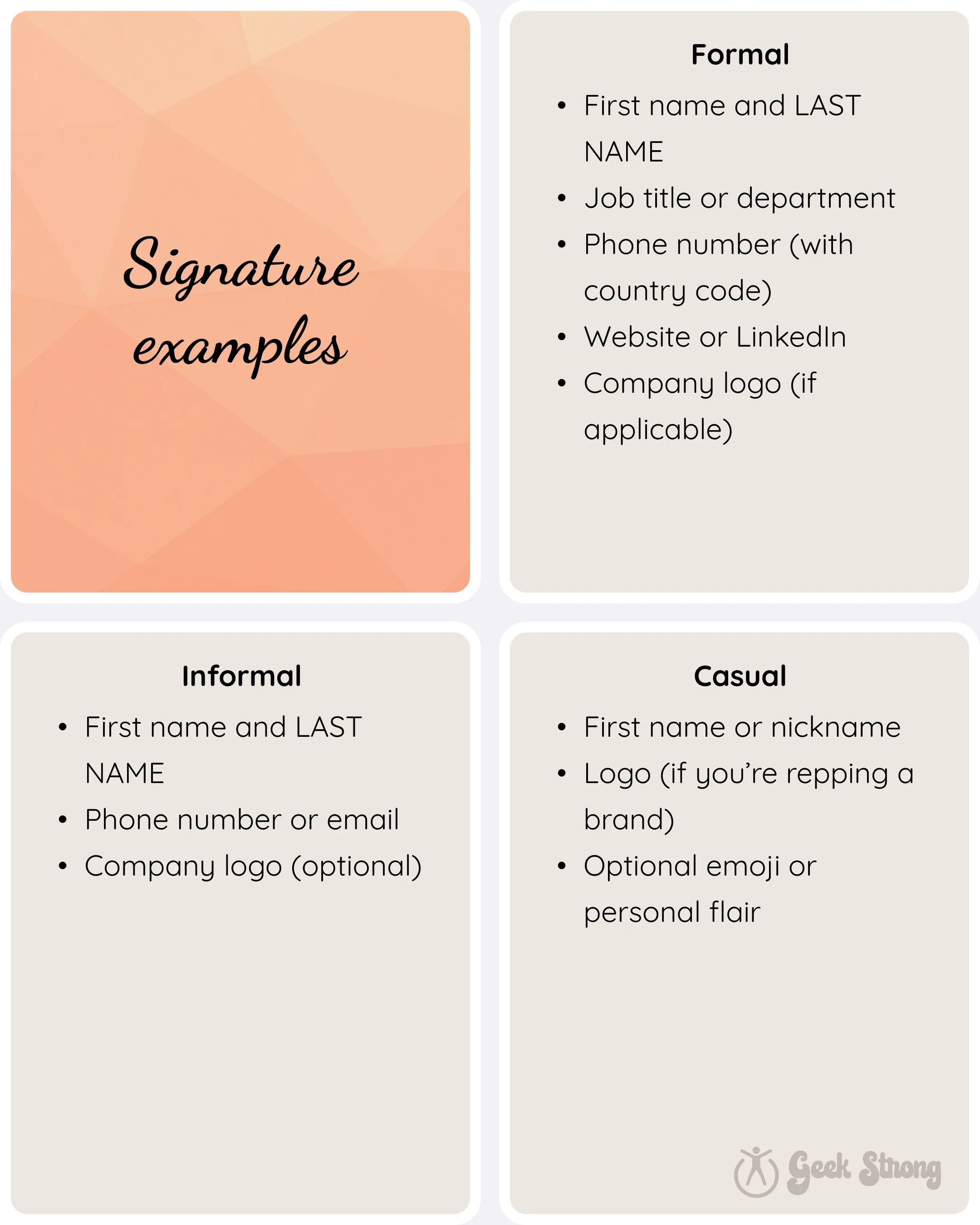  Signature examples showing formal, informal, and casual email signature formats. 