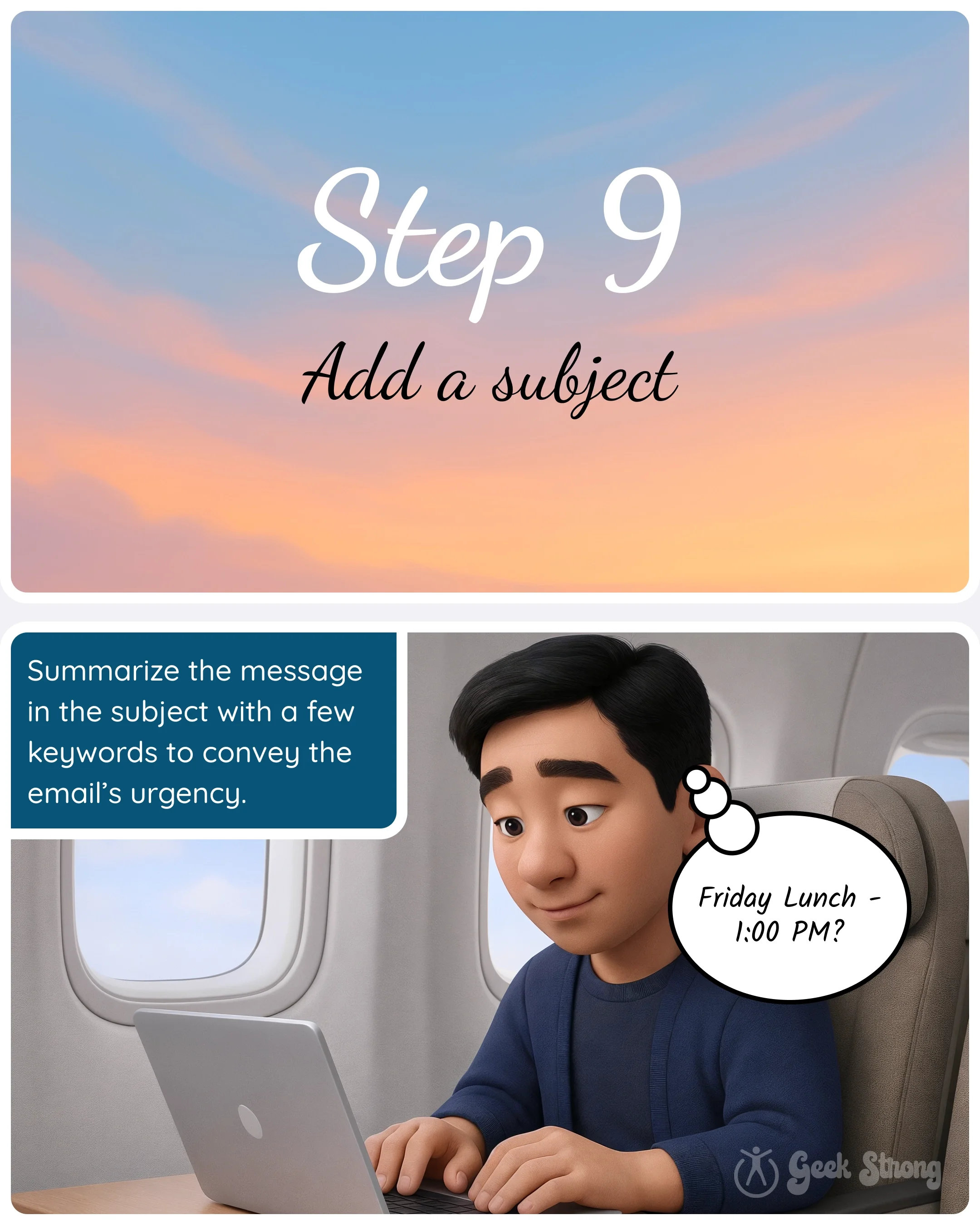 Step 9 card “Add a subject” with a panel explaining how to summarize the email using a short subject line. 
