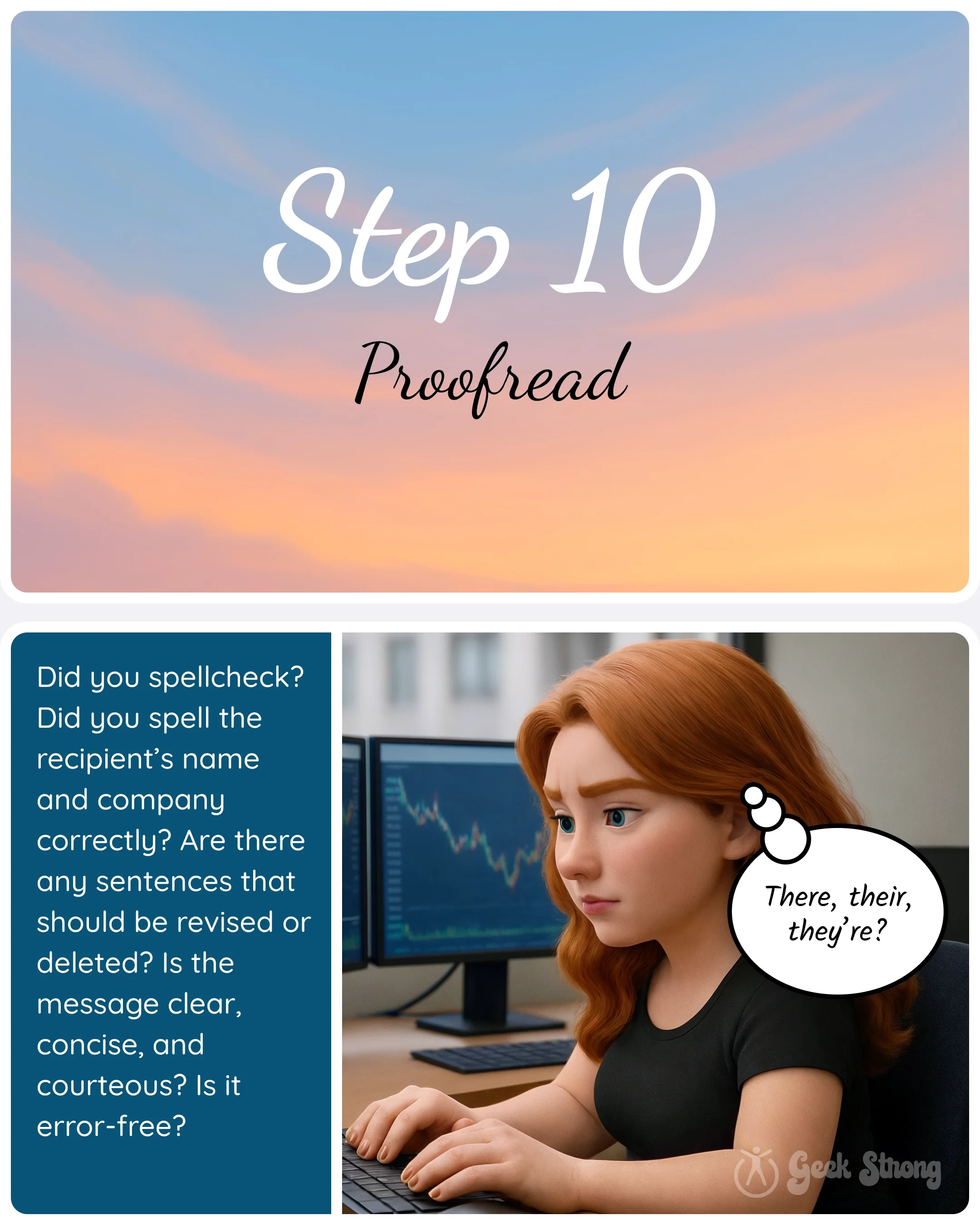  Step 10 card “Proofread” with a panel reminding writers to check spelling, grammar, and clarity before sending. 