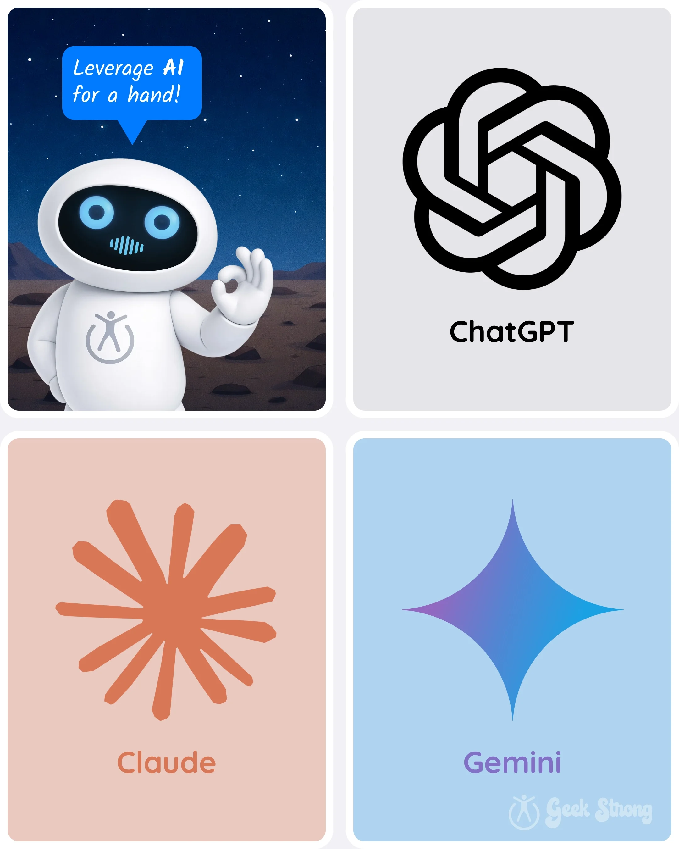  Robot suggesting the use of AI tools for proofreading alongside logos for ChatGPT, Gemini, and Grammarly. 