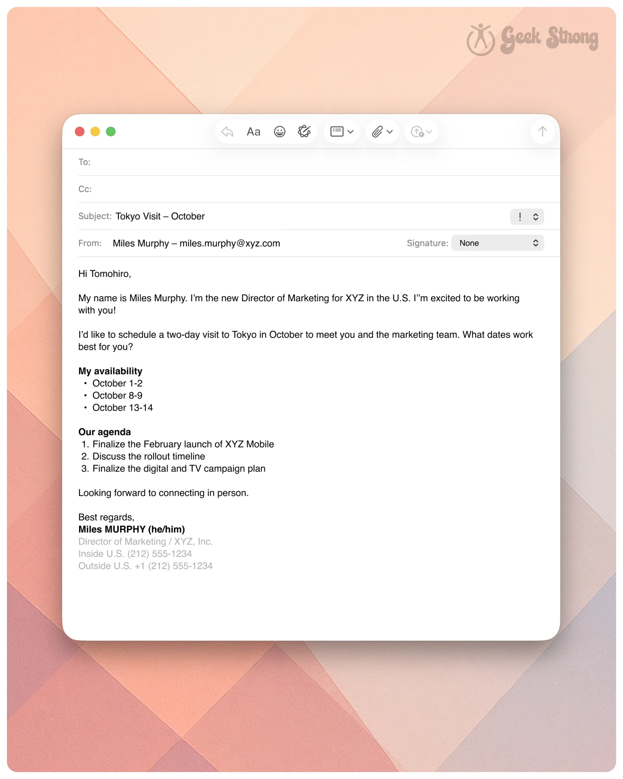  Email compose window showing a completed message with subject line and signature ready to send. 