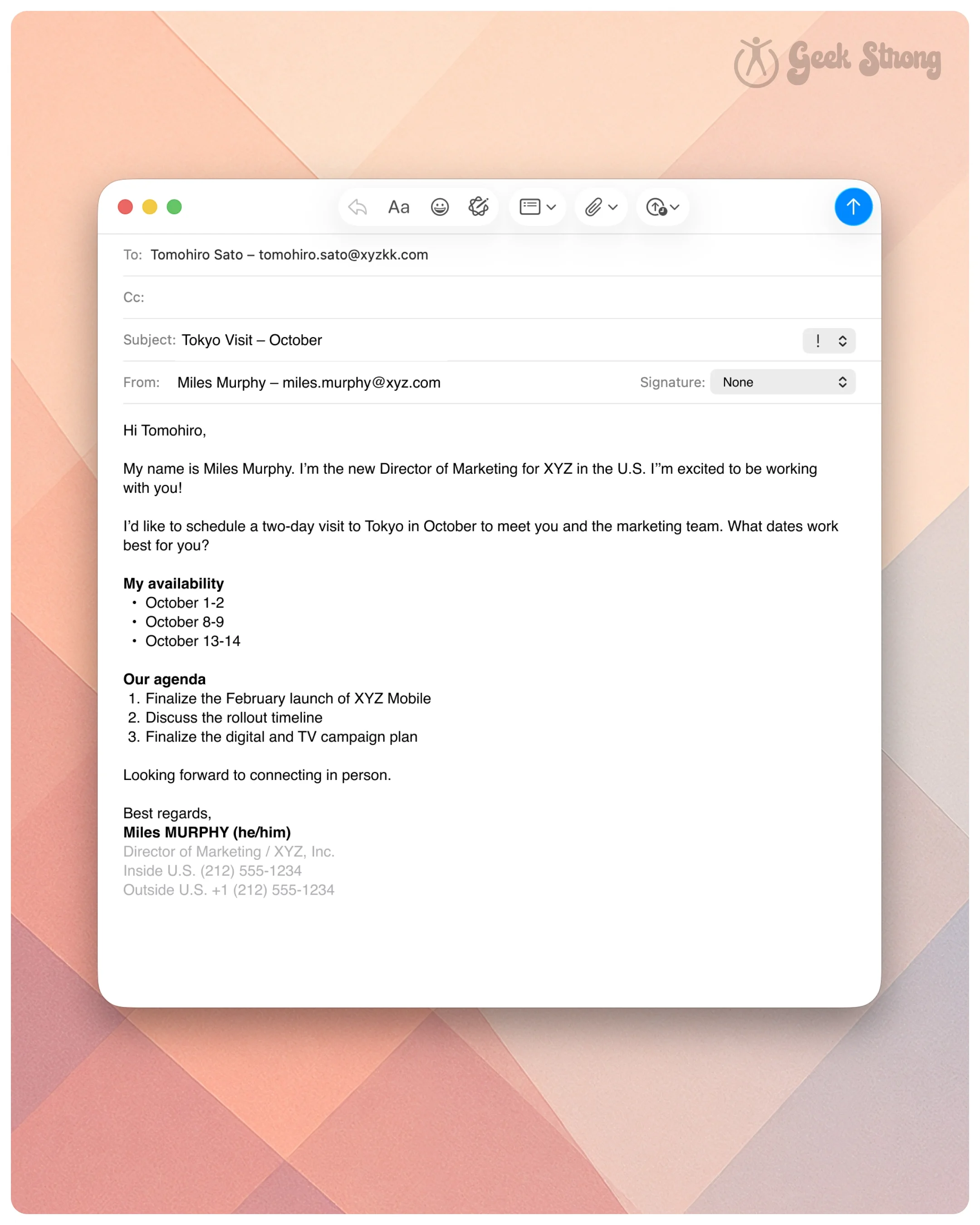  Email compose window showing the recipient email address added to the message. 