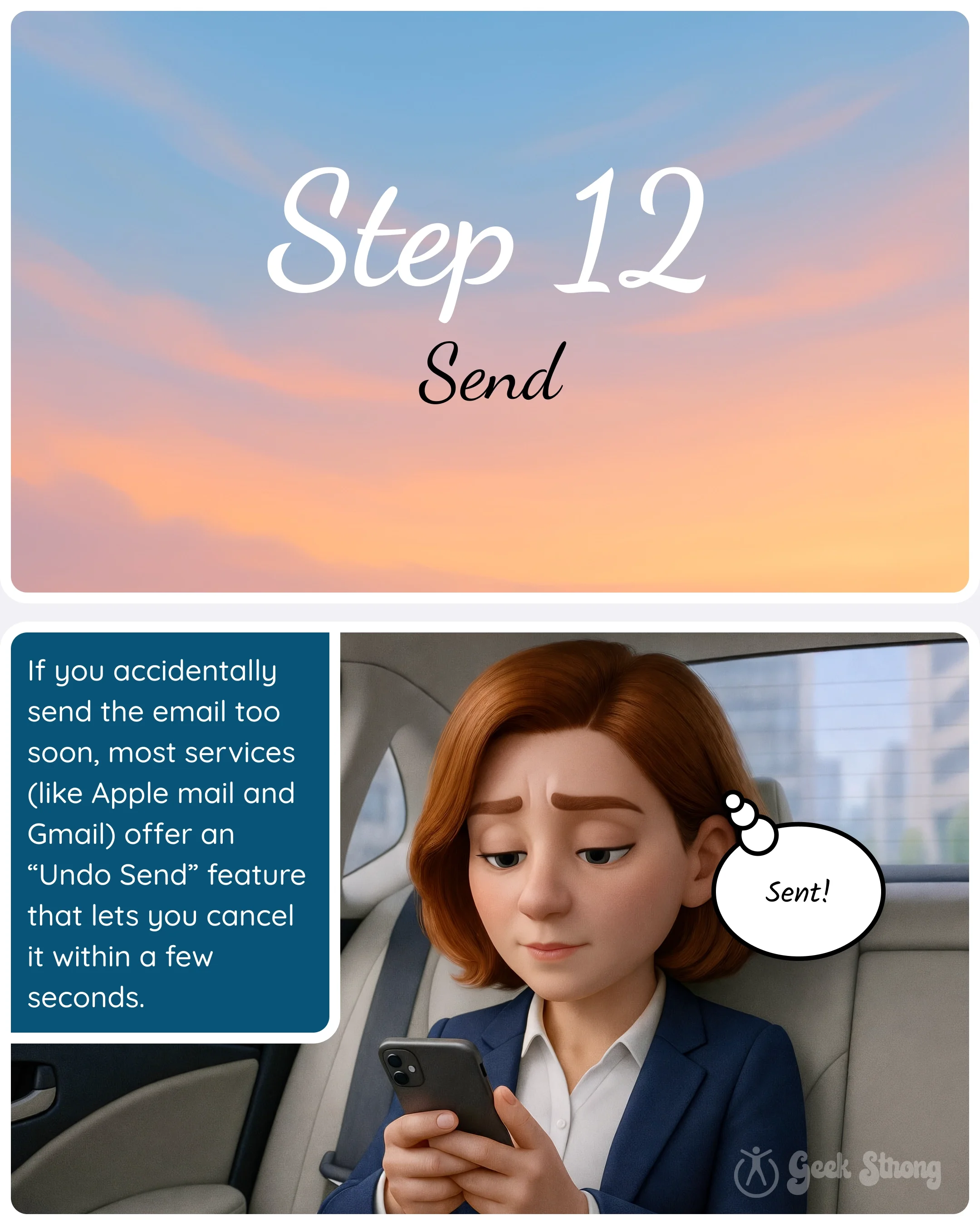  Step 12 card “Send” with a panel explaining that many email services allow undoing a sent message for a few seconds. 