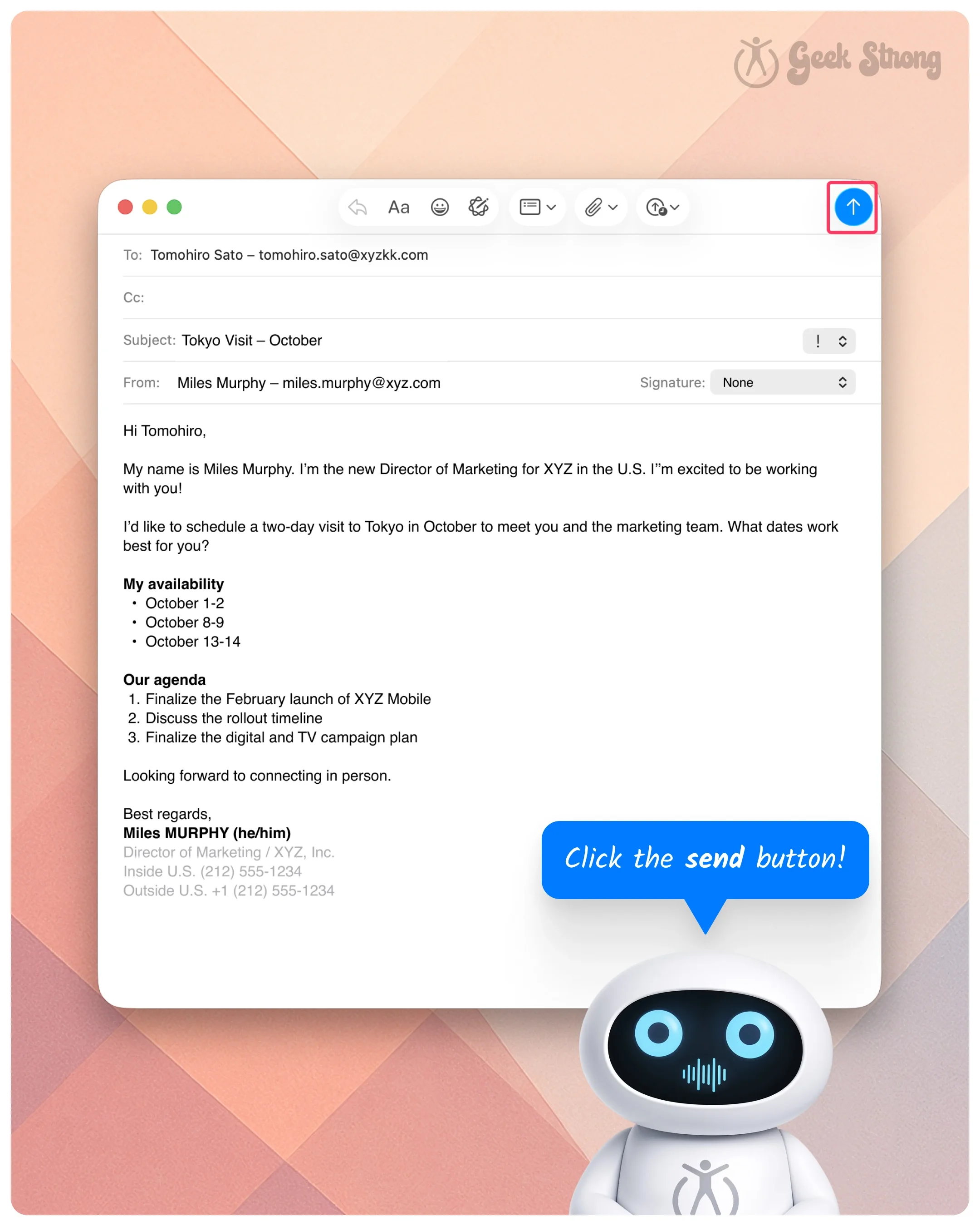  Email compose window highlighting the send button while a robot prompts the user to click send. 
