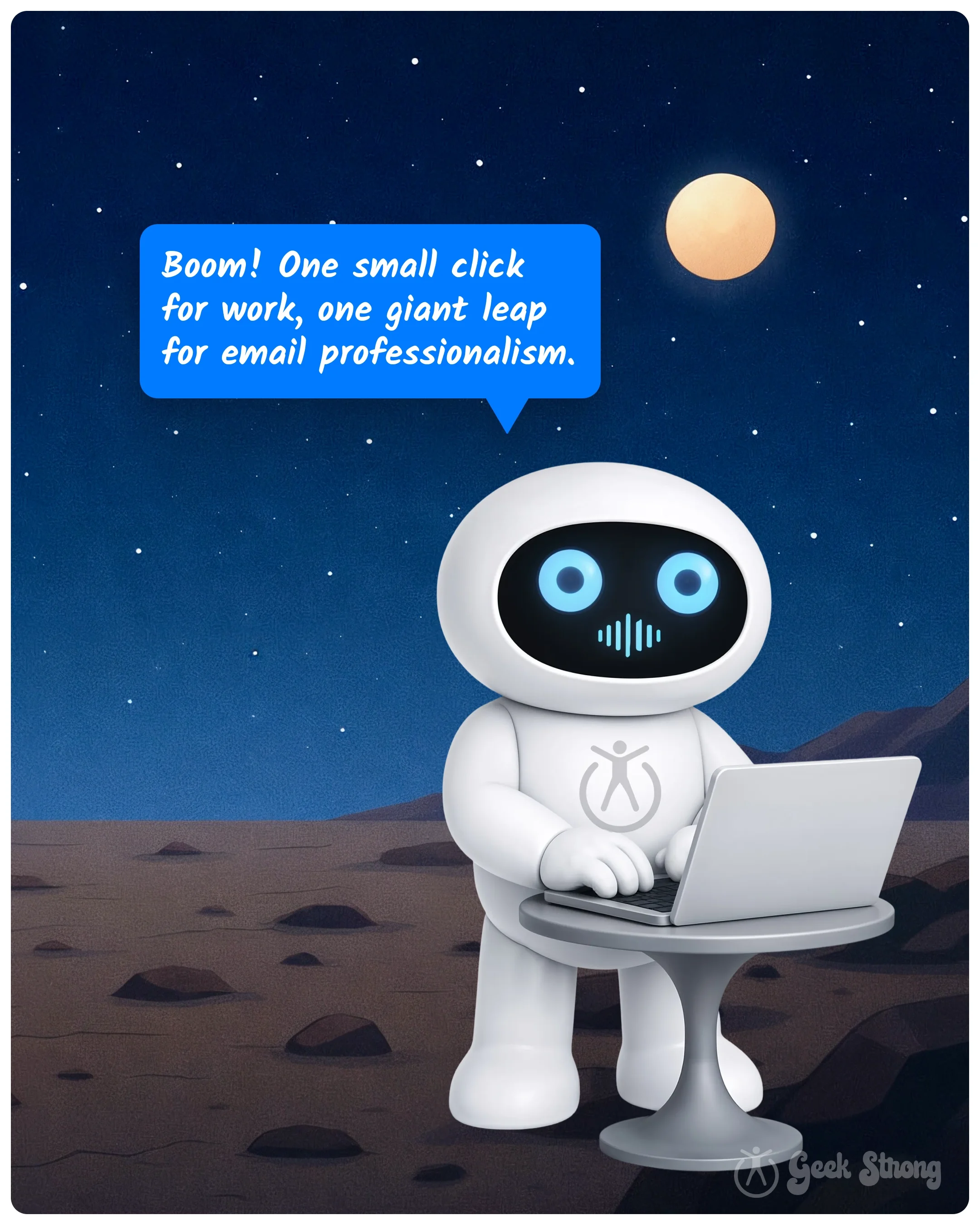  Robot using a laptop under a night sky celebrating sending a professional email. 
