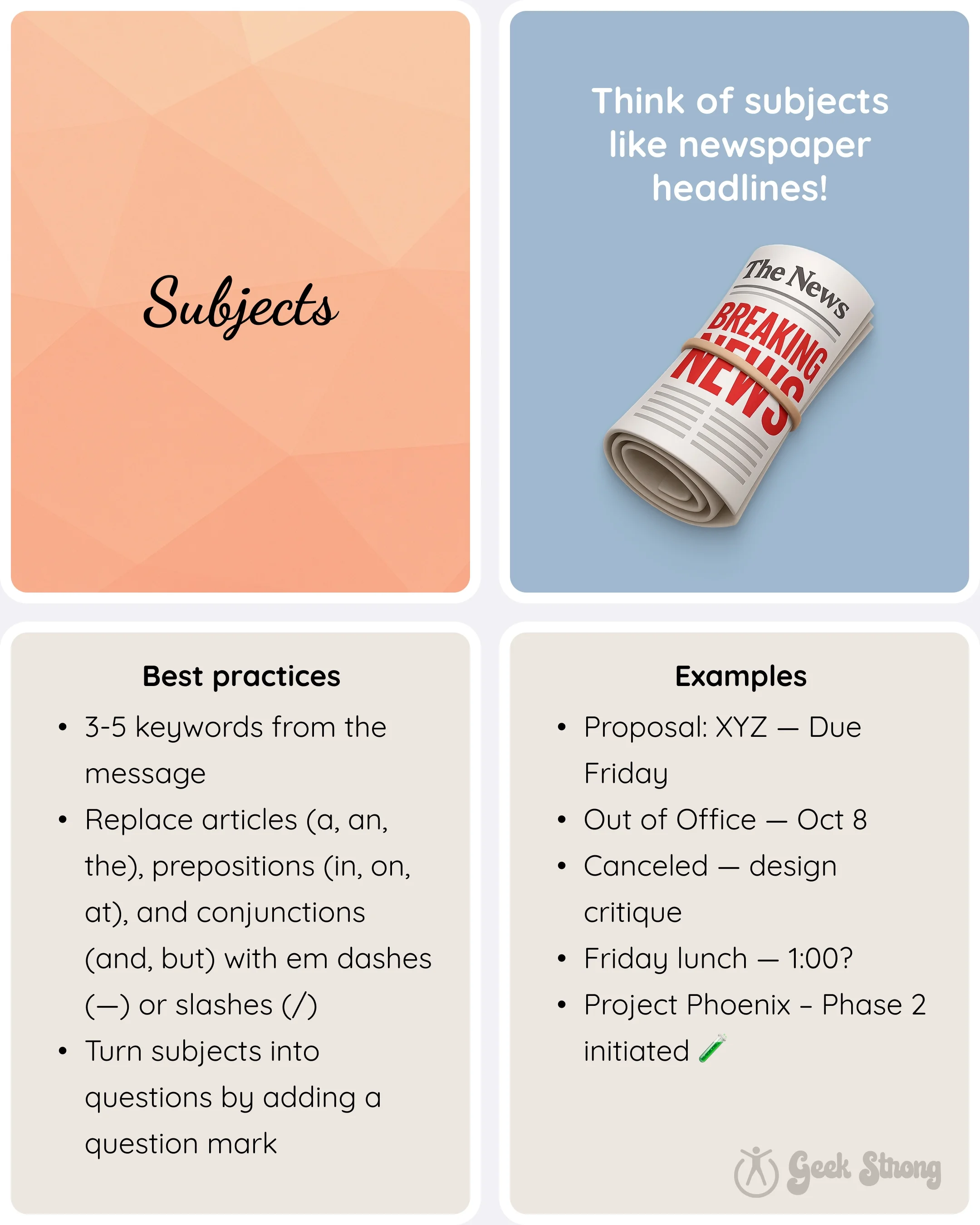  Subject line best practices and examples showing short descriptive email subjects. 