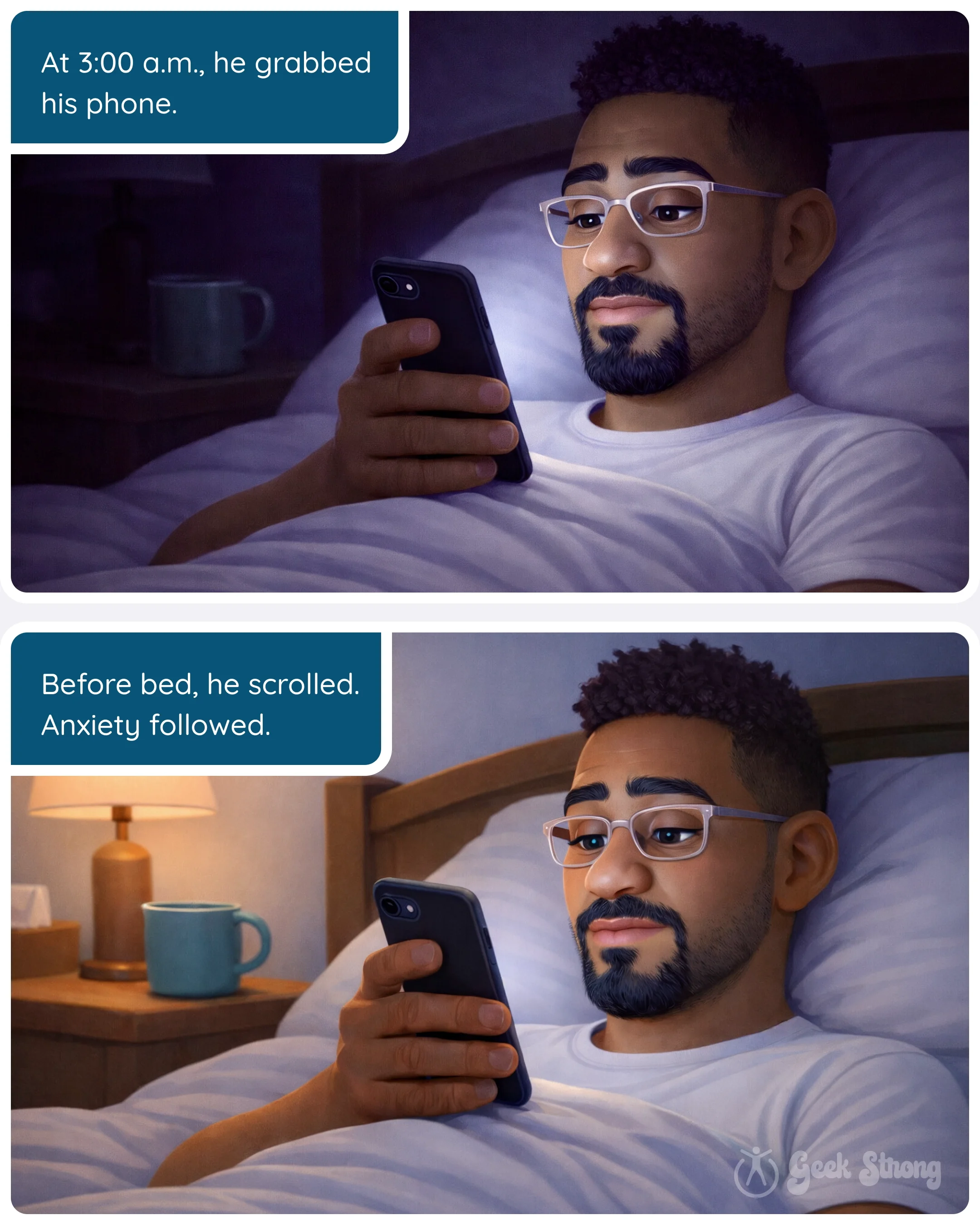  Man lying in bed at night checking his phone as blue light illuminates his face 