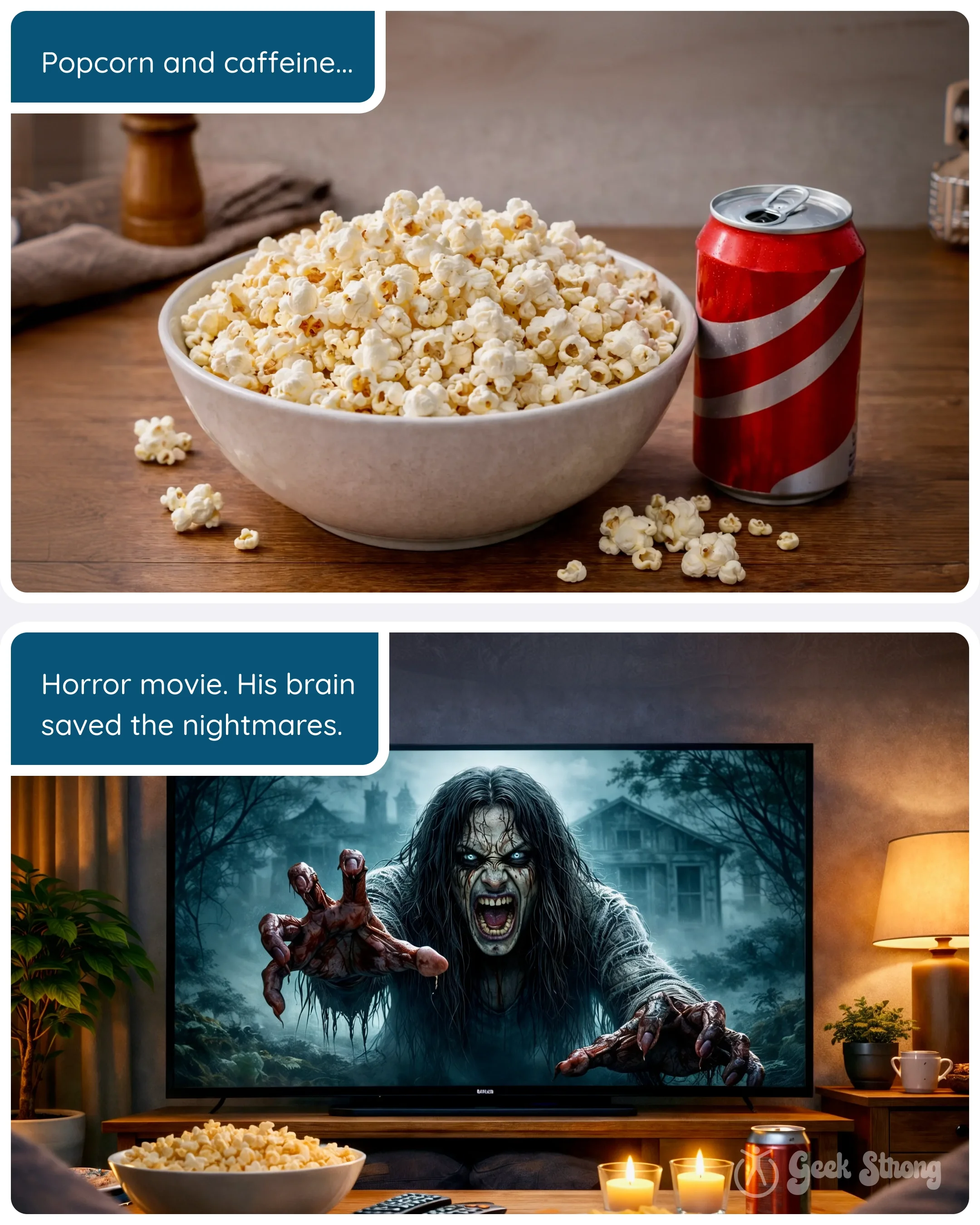  Man watching a horror movie on television while eating popcorn and drinking soda 