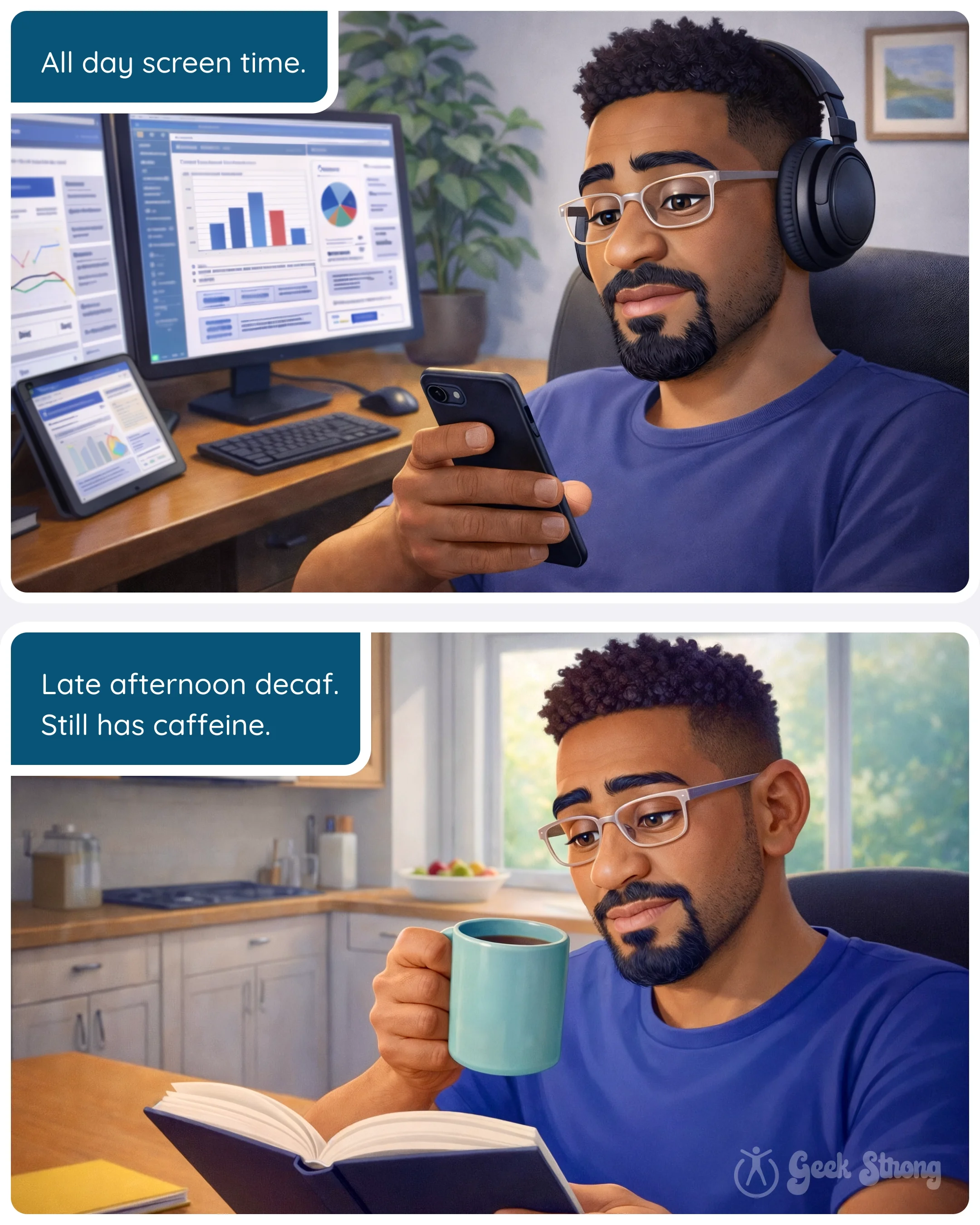  Man working at a desk with multiple screens, then drinking coffee while reading 