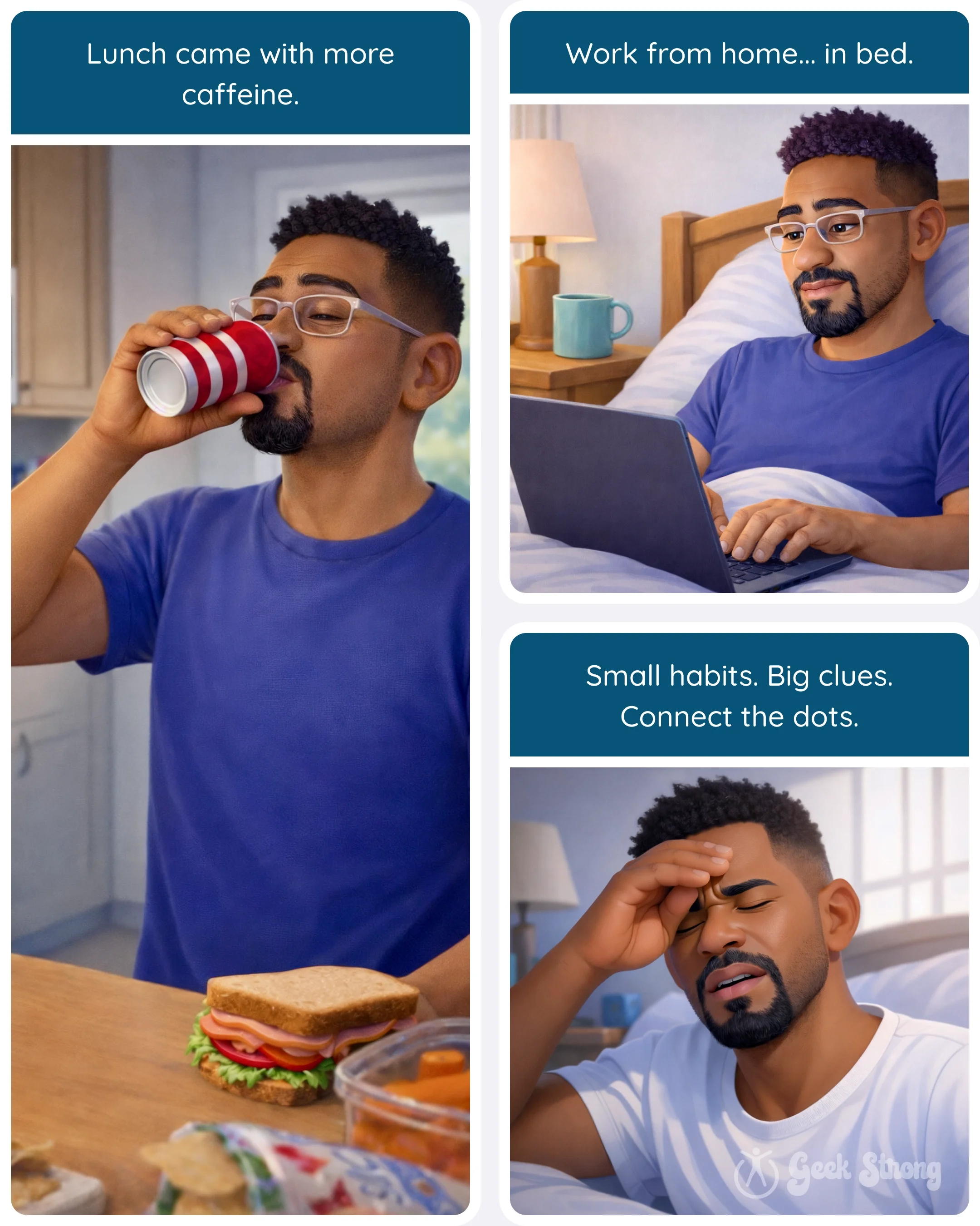  Man drinking soda at lunch and later working on a laptop while sitting in bed 