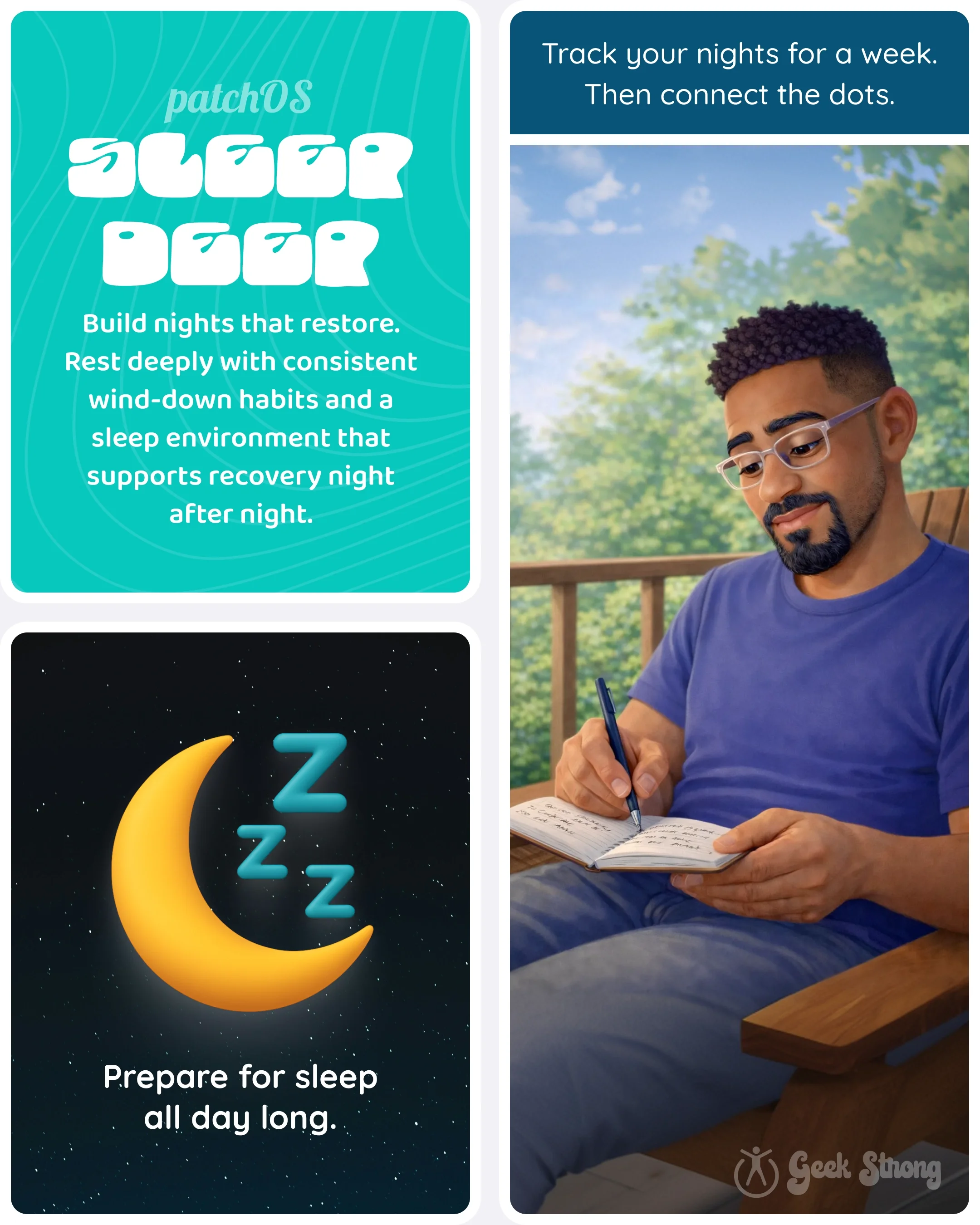  Sleep-themed graphic and moon icon followed by the man writing in a notebook on a balcony 