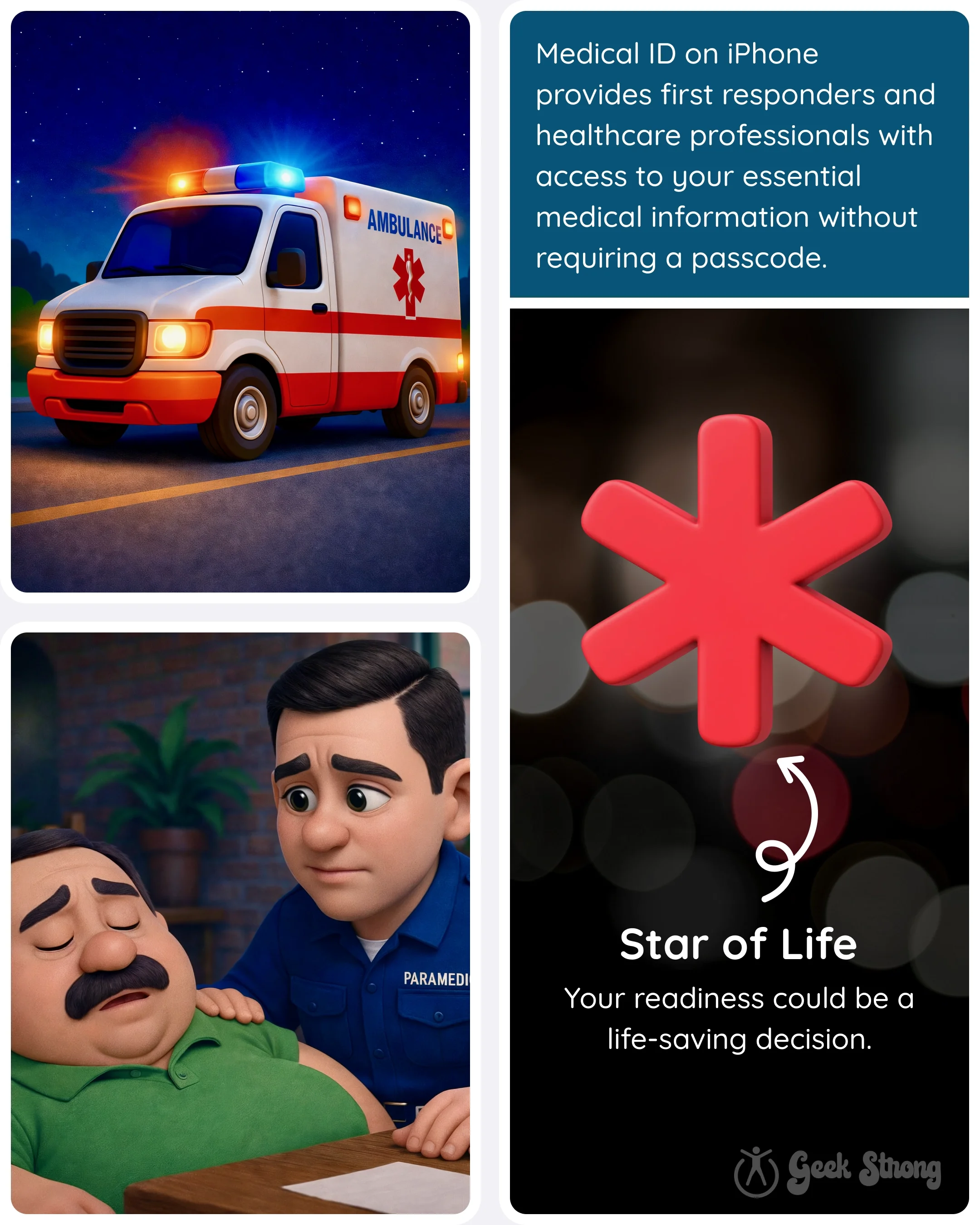  Ambulance driving at night and paramedic assisting an unconscious man. 