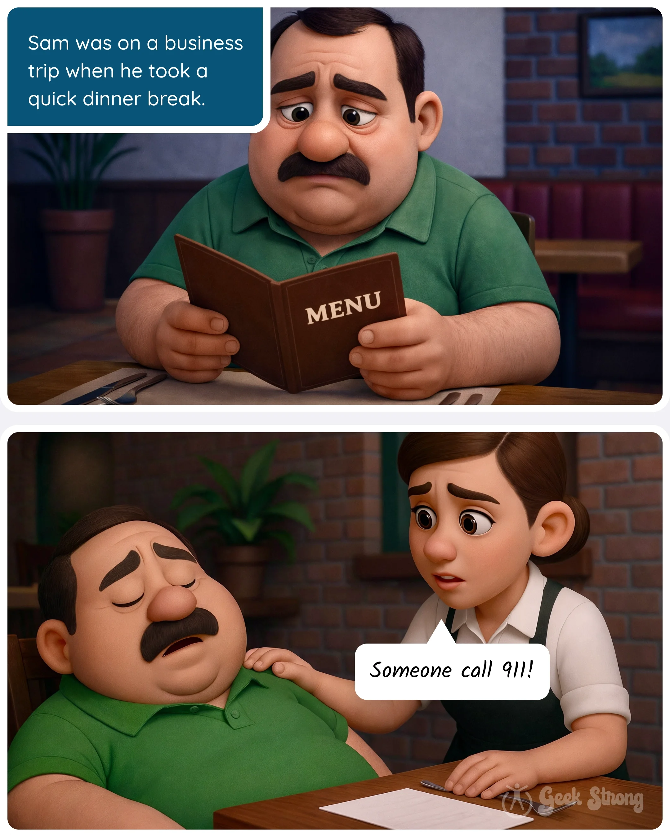  Man looking concerned at a menu in a restaurant, followed by a woman calling 911 as he collapses. 