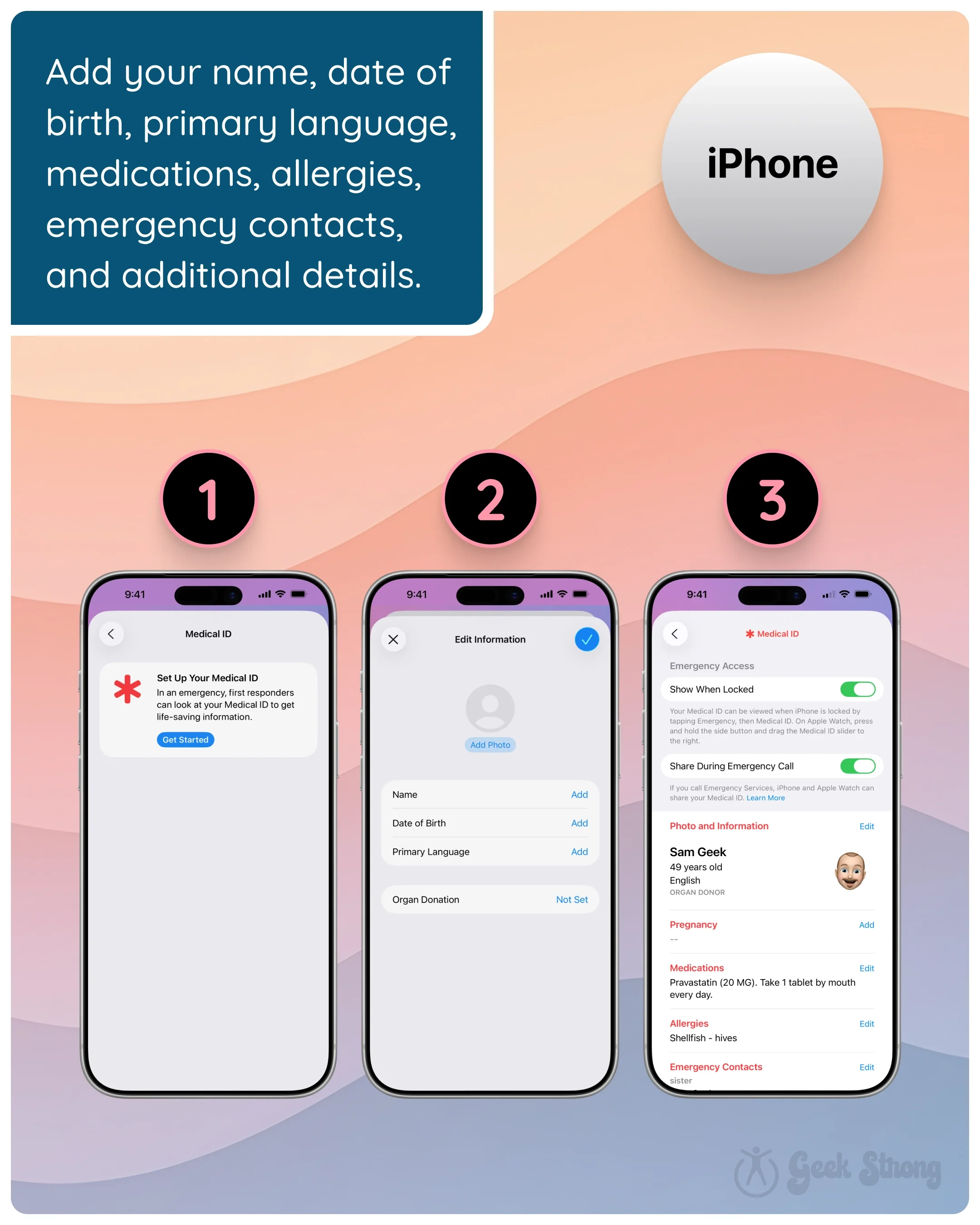  iPhone screens showing steps to enter Medical ID information. 