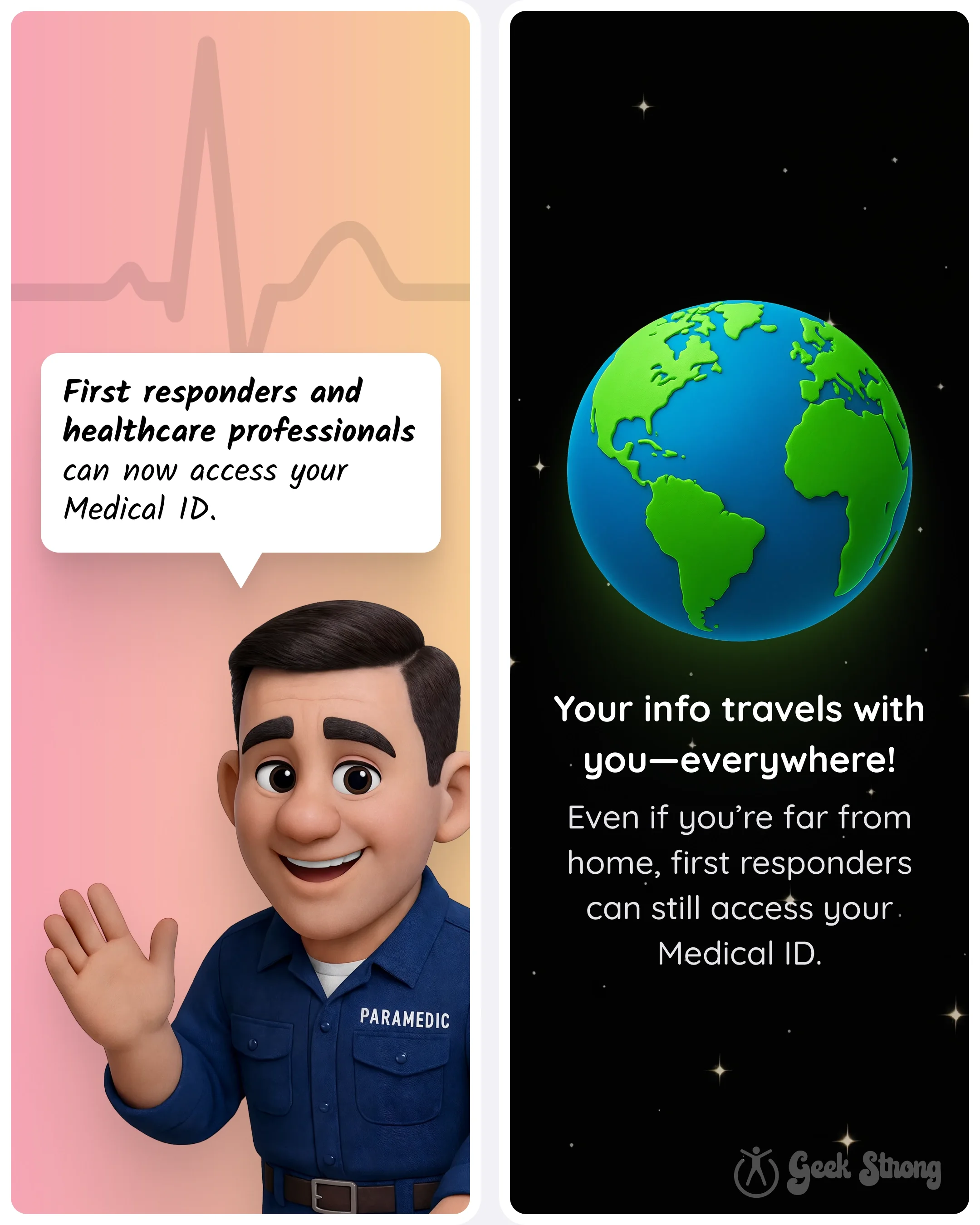  Paramedic character waving next to a globe graphic about accessing Medical ID anywhere. 