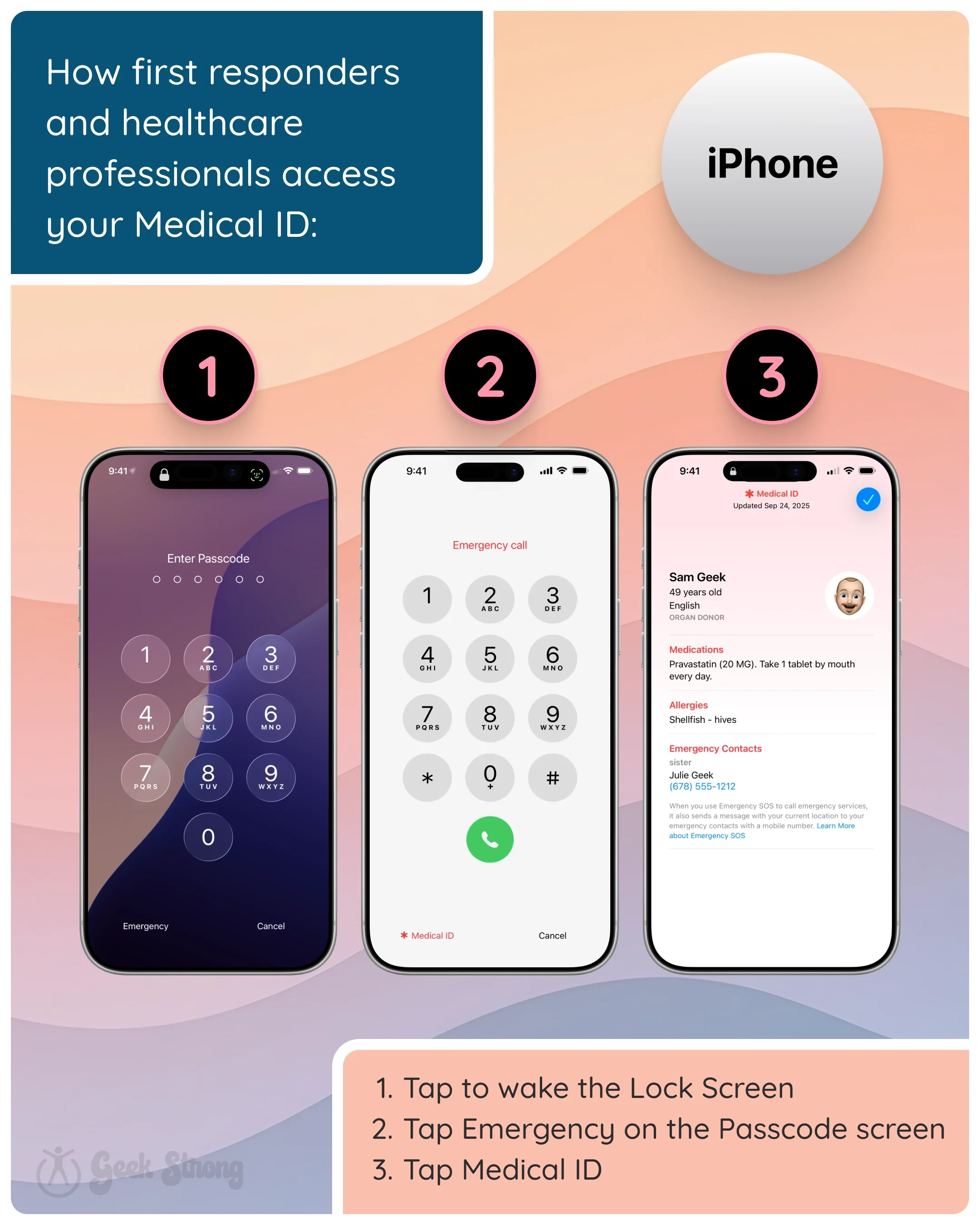  iPhone screens showing how to access Medical ID from the lock screen and passcode screen. 