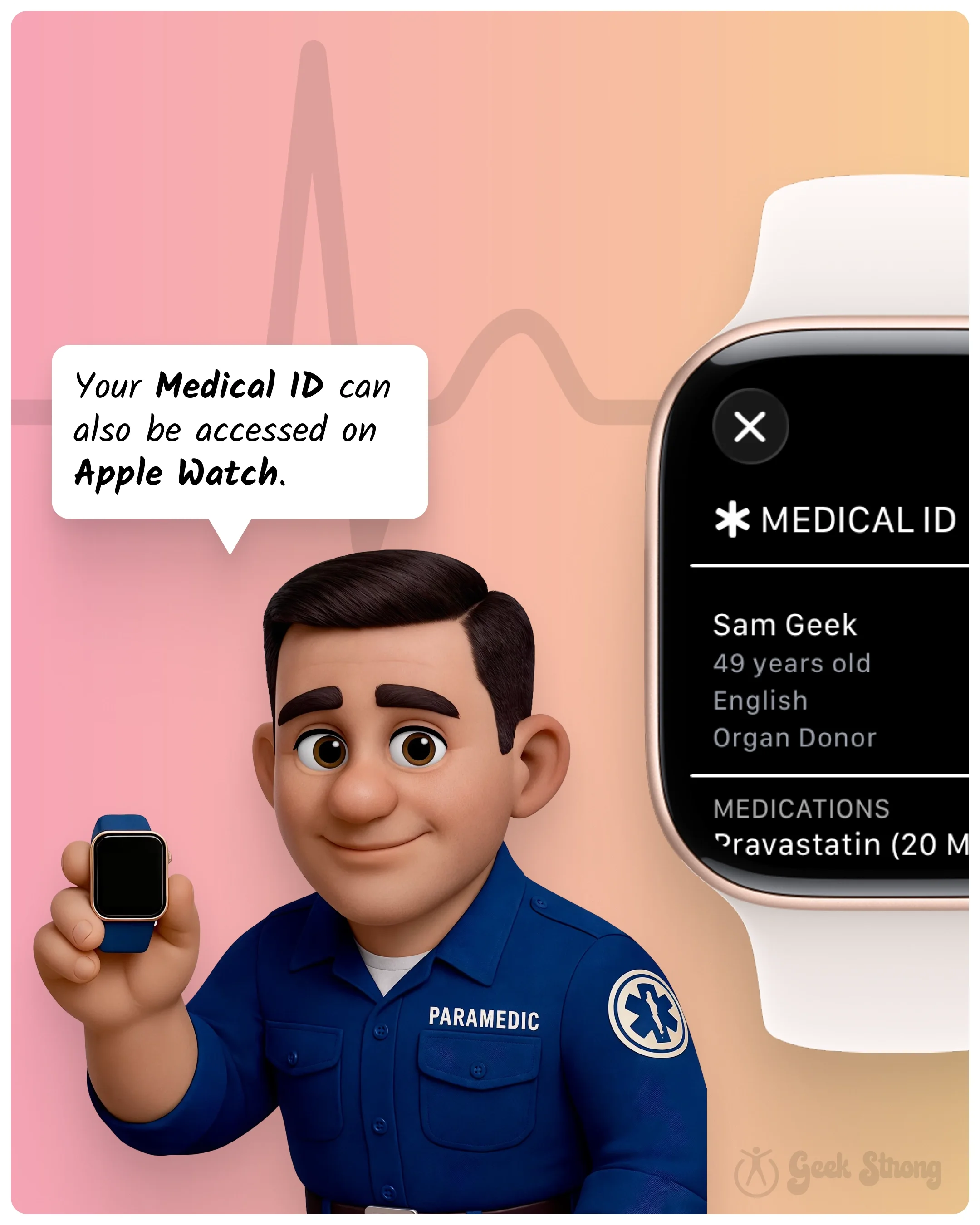  Paramedic holding an Apple Watch displaying Medical ID information. 