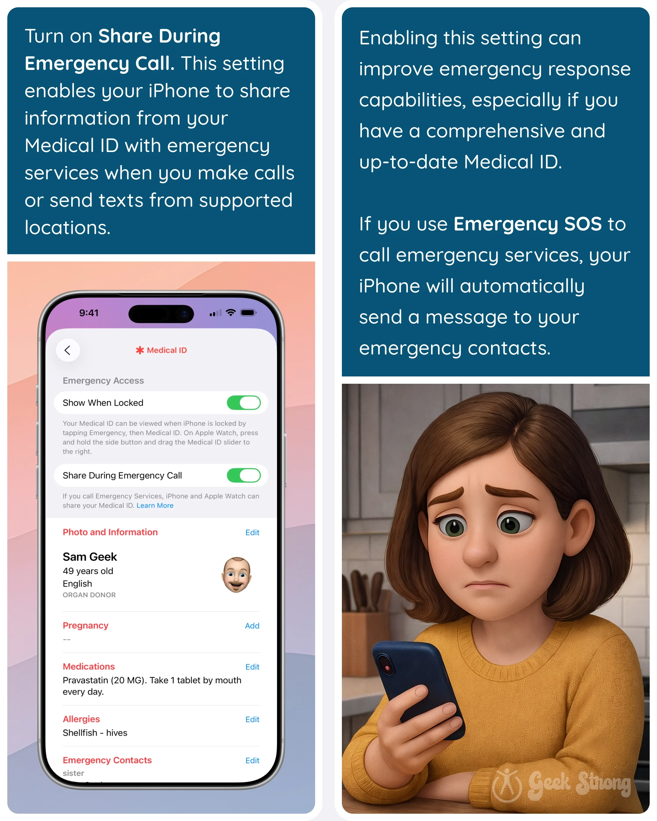  iPhone settings screen for Medical ID and a person using Emergency SOS. 