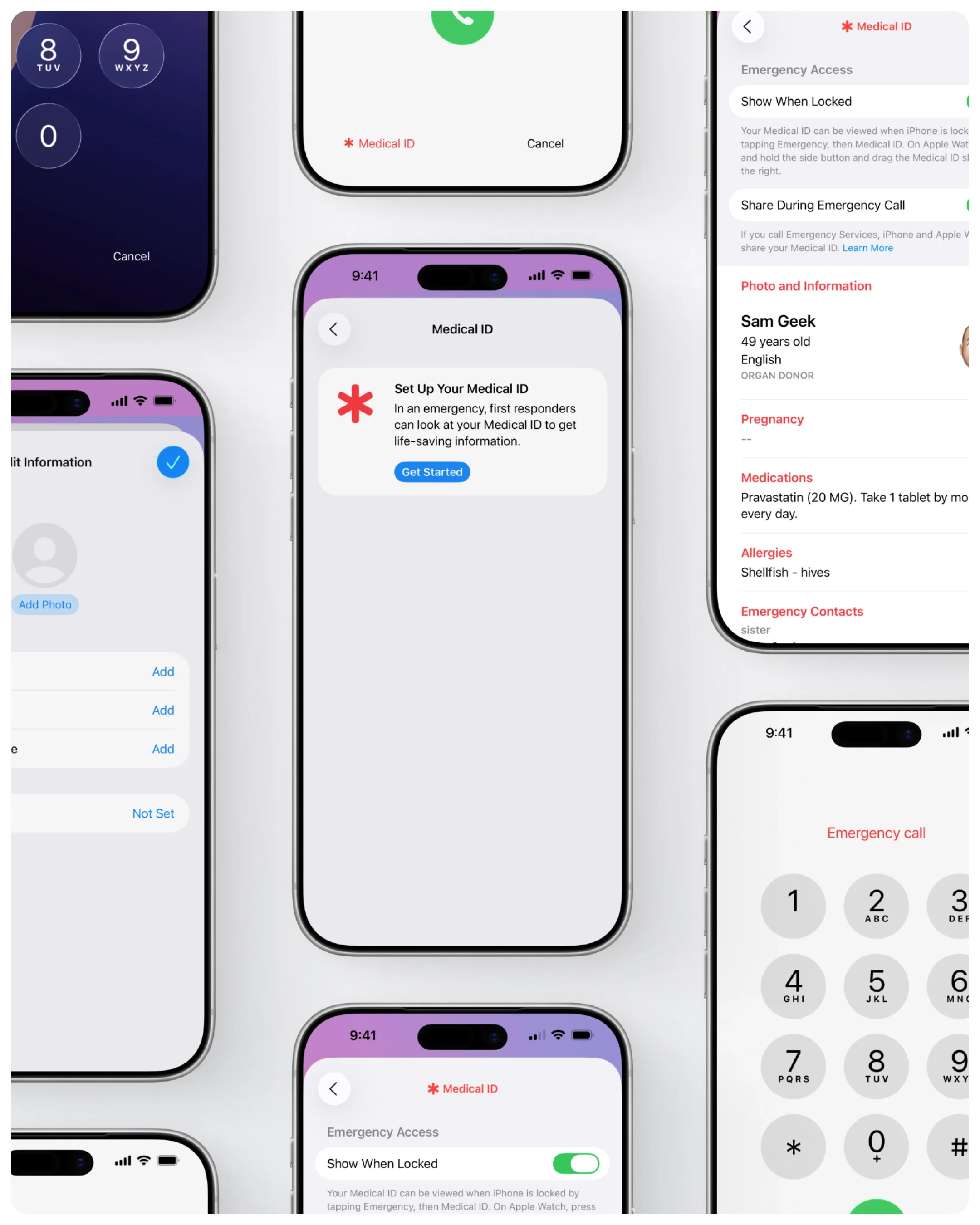 Multiple iPhone screens showing Medical ID setup and emergency dial interface. 