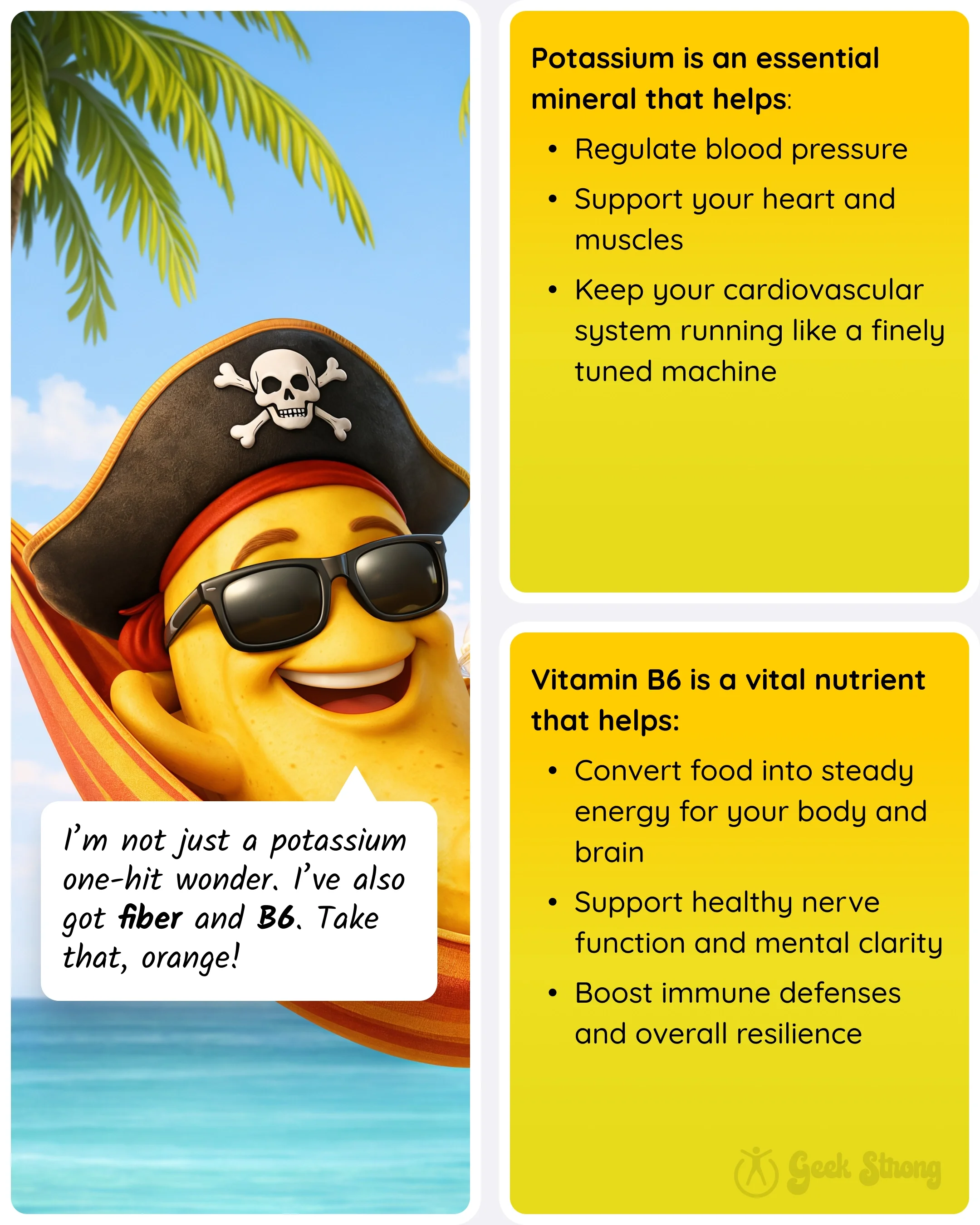  Cartoon banana character with sunglasses and a microphone next to panels explaining potassium and vitamin B6 benefits. 