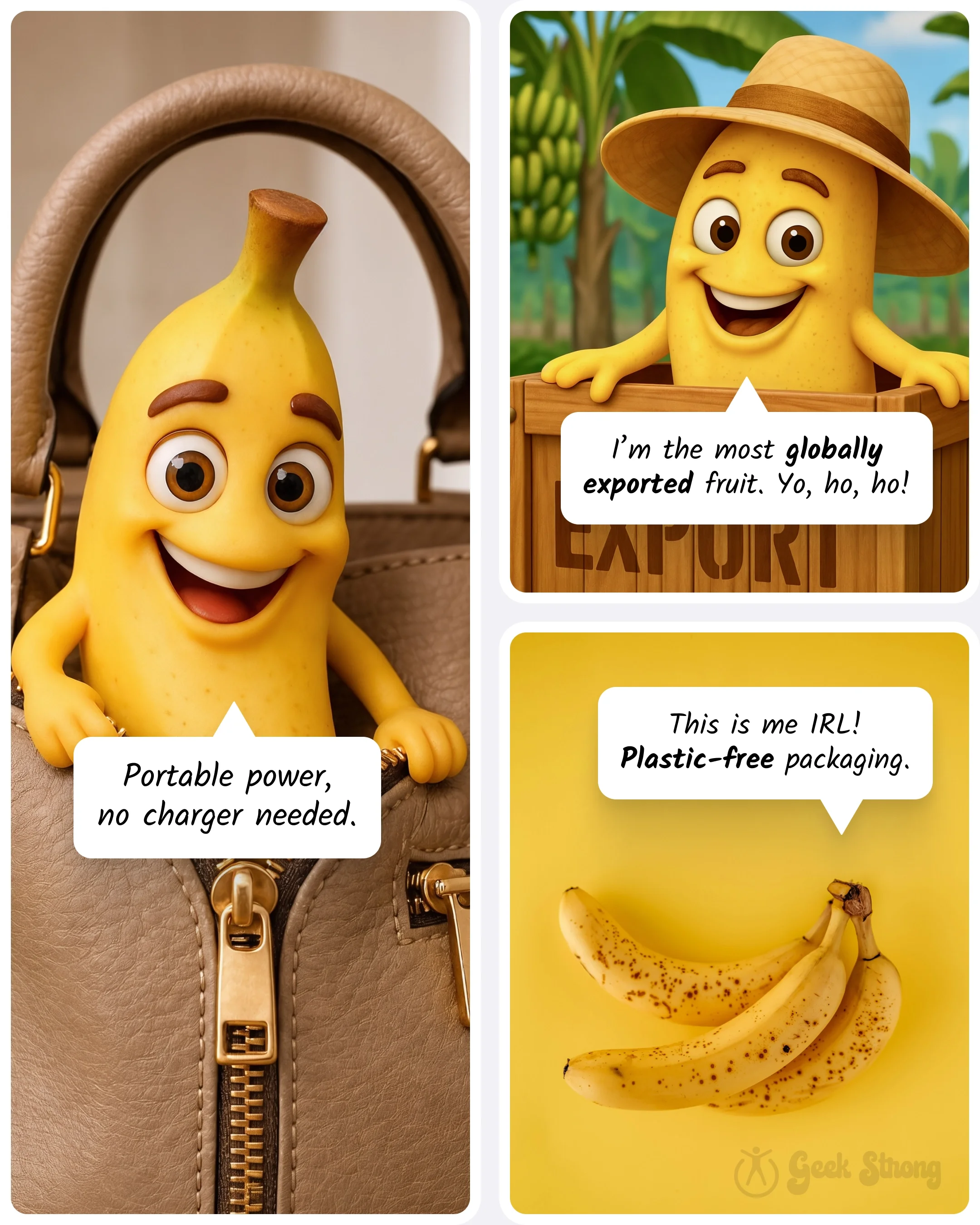  Banana character in a bag, a smiling banana in a crate, and a peeled banana highlighting portability and natural packaging. 