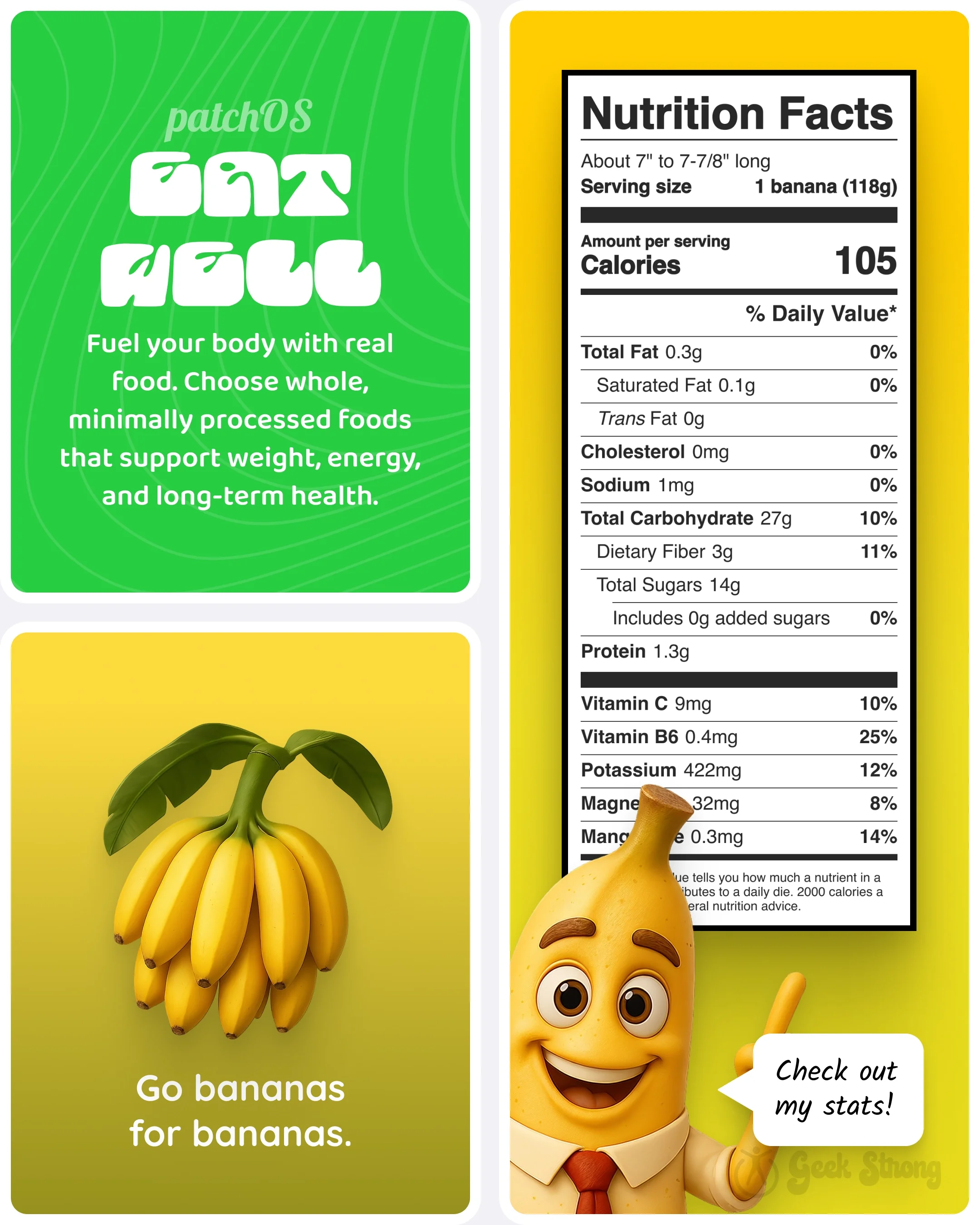  Green patchOS Eat Well card, a bunch of bananas, and a nutrition label with a banana character pointing to the stats. 