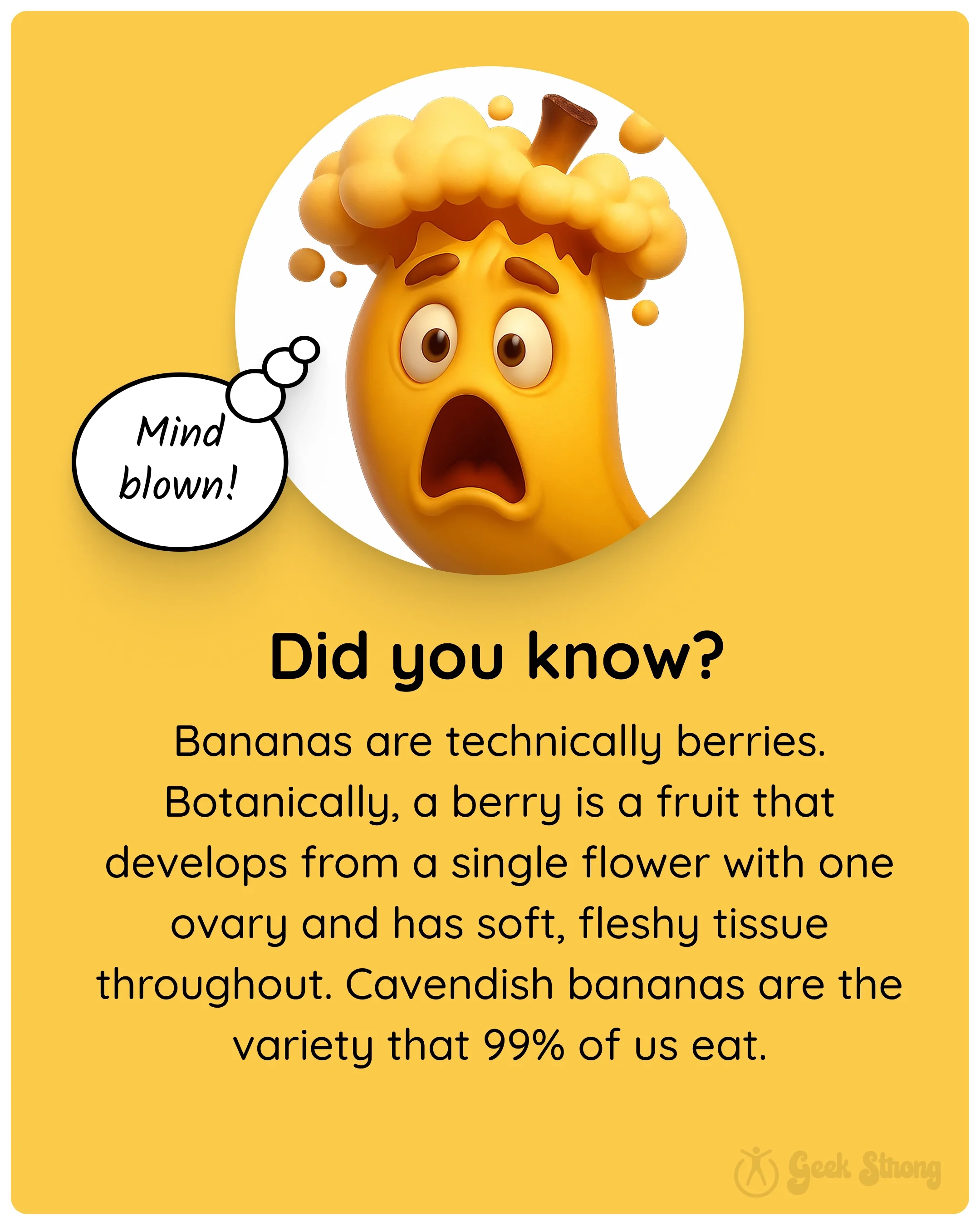  Surprised banana character with text explaining that bananas are technically berries. 