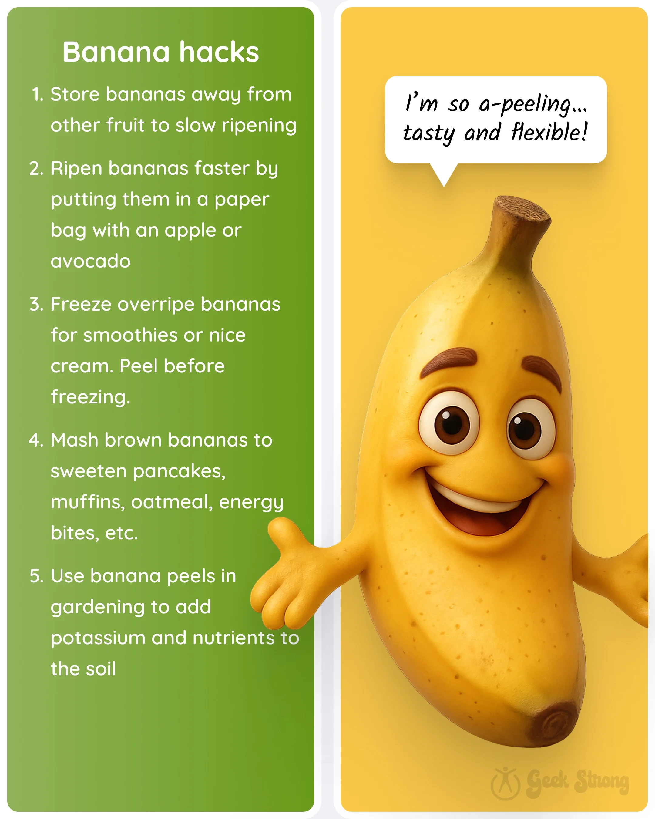  Banana character next to a list of banana storage, ripening, freezing, and gardening tips. 