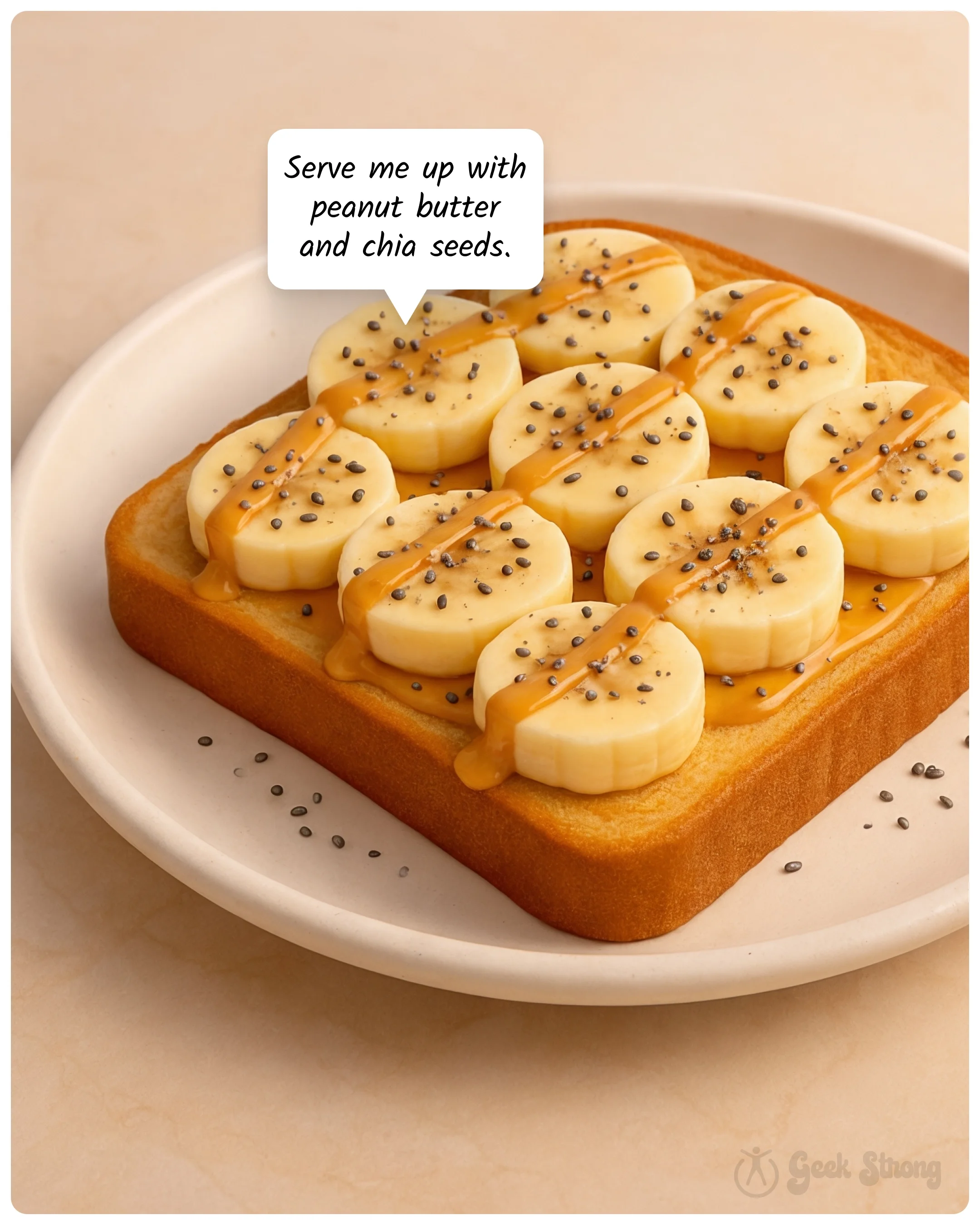 Toast topped with sliced bananas, peanut butter, and chia seeds on a plate. 