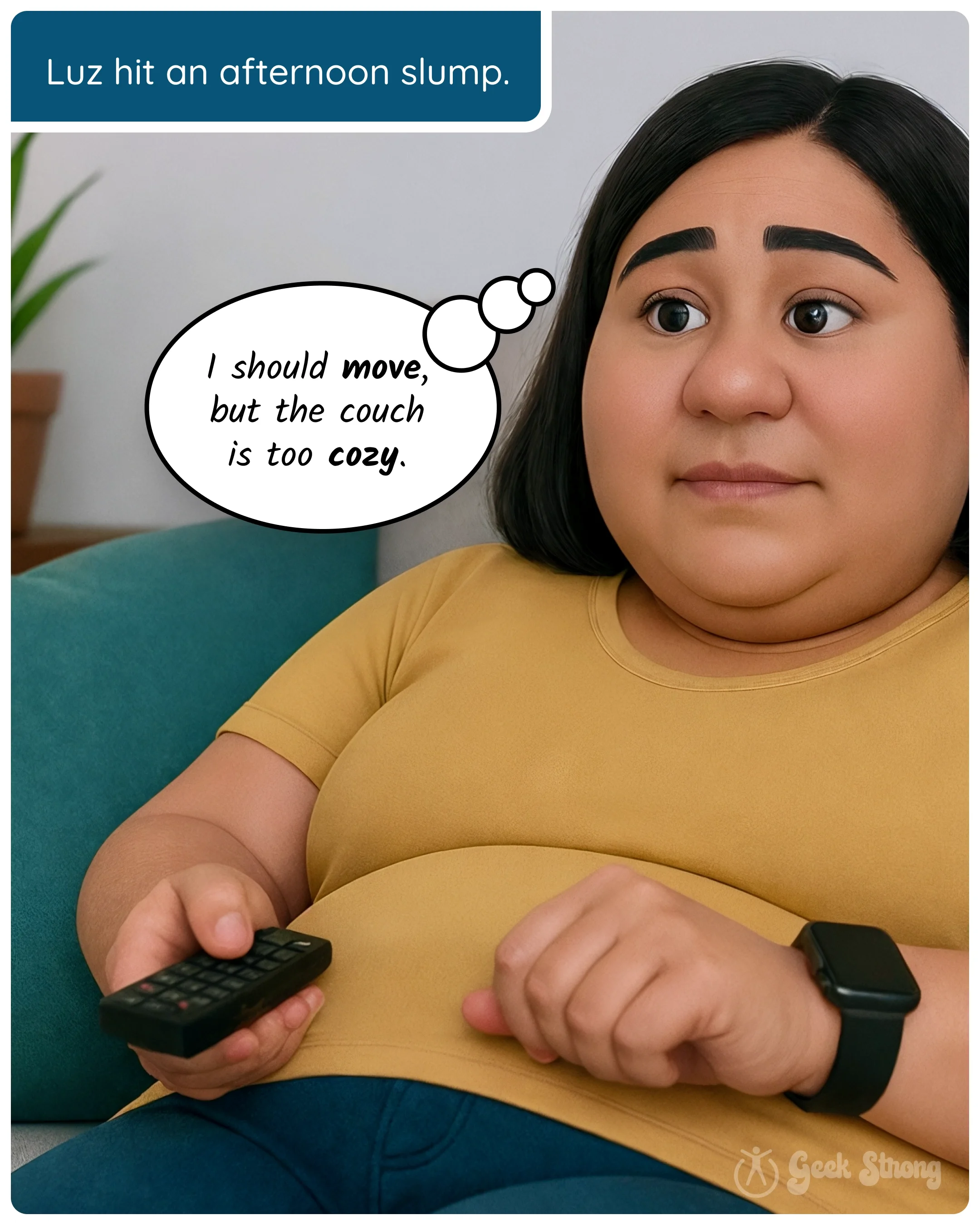  Woman sits on a couch feeling sluggish, thinking she should move but feels too comfortable. 
