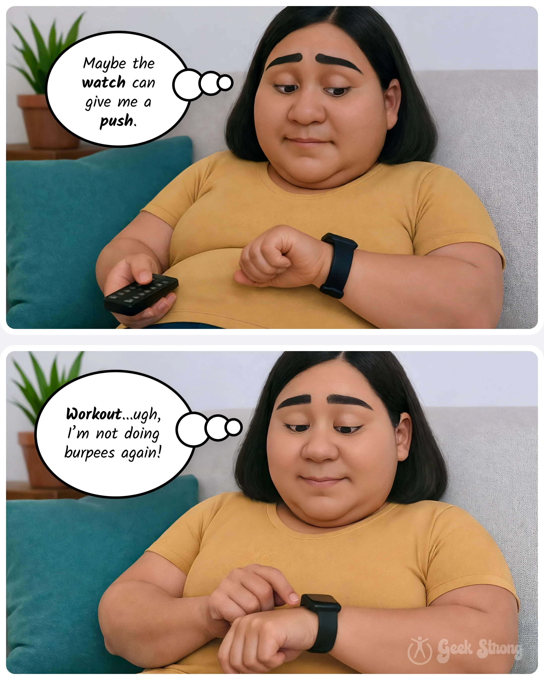  She checks her watch and considers workouts but hesitates, thinking about burpees. 