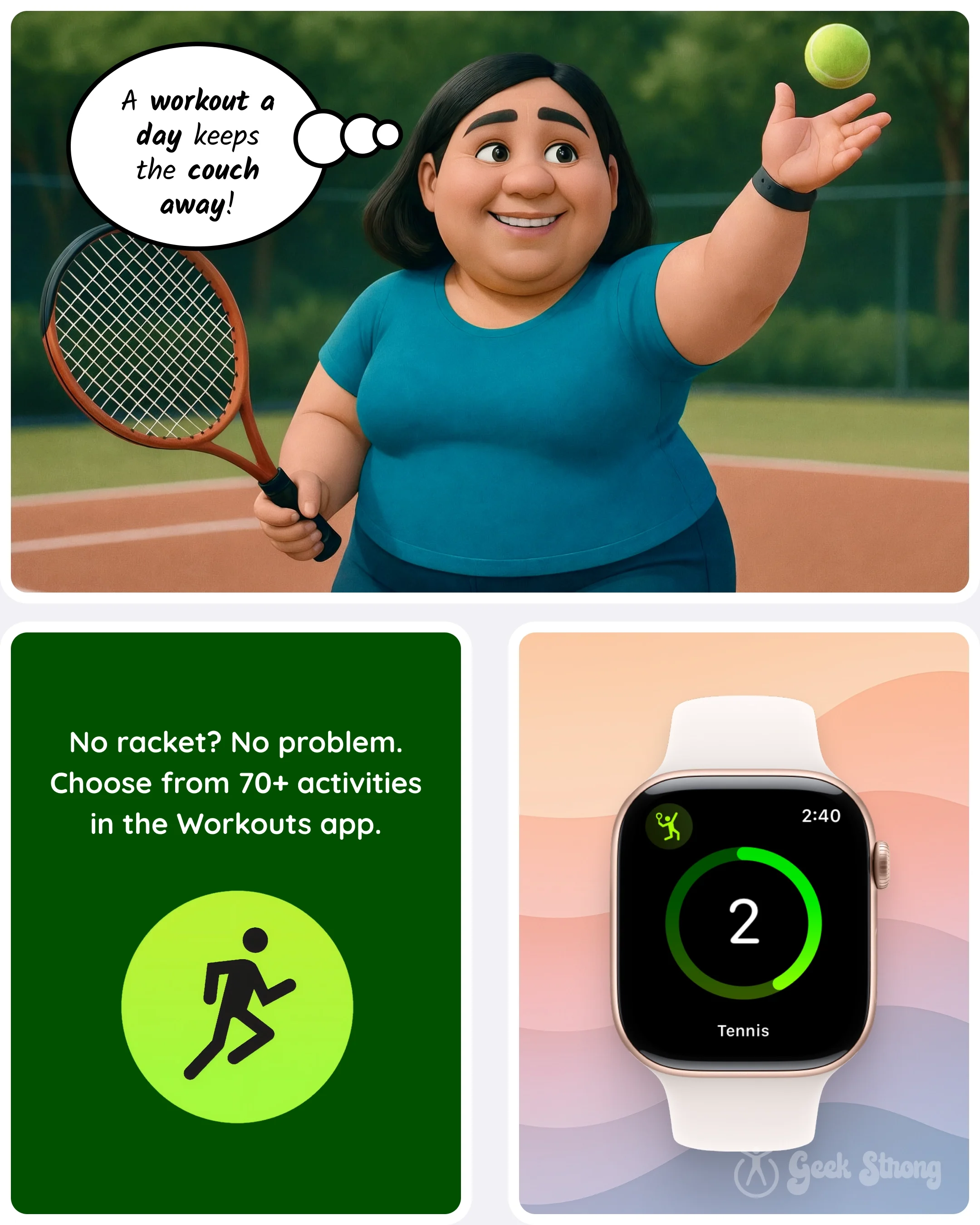  She plays tennis and enjoys movement, with a smartwatch tracking her activity. 