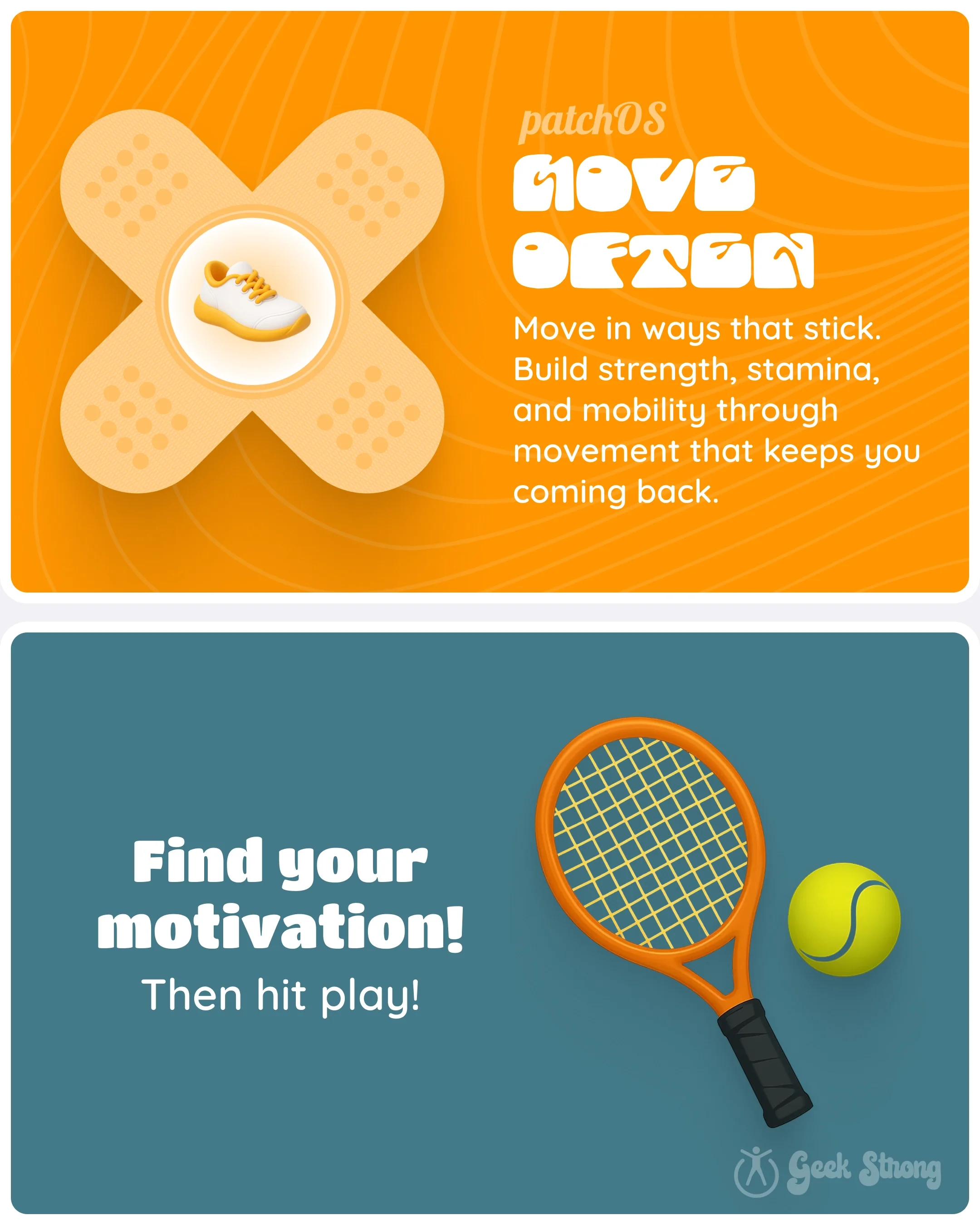  Motivational screen encourages finding movement that feels enjoyable and sustainable. 