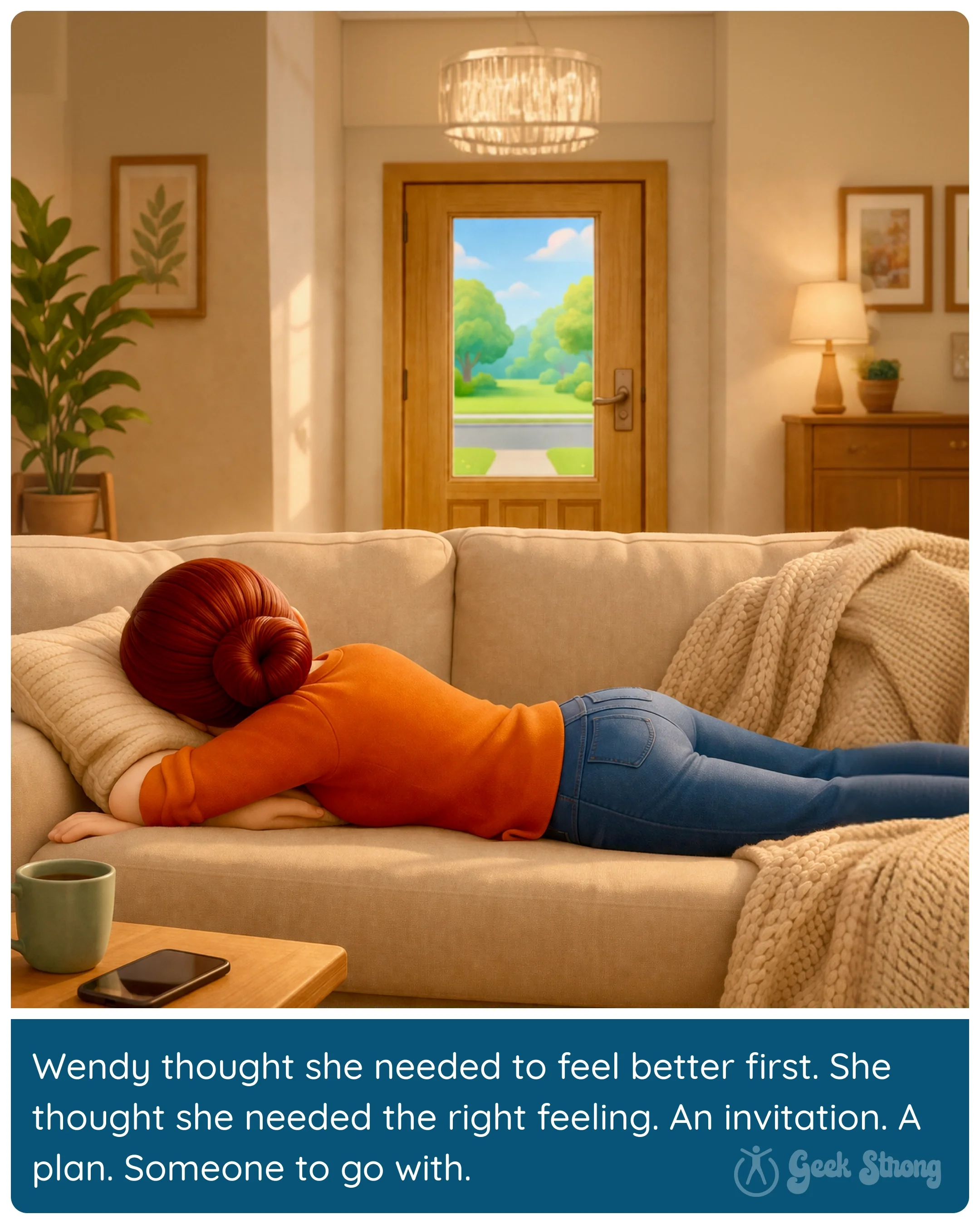  Wendy lies face down on the couch, burned out, while sunlight streams through the front door just behind her. 