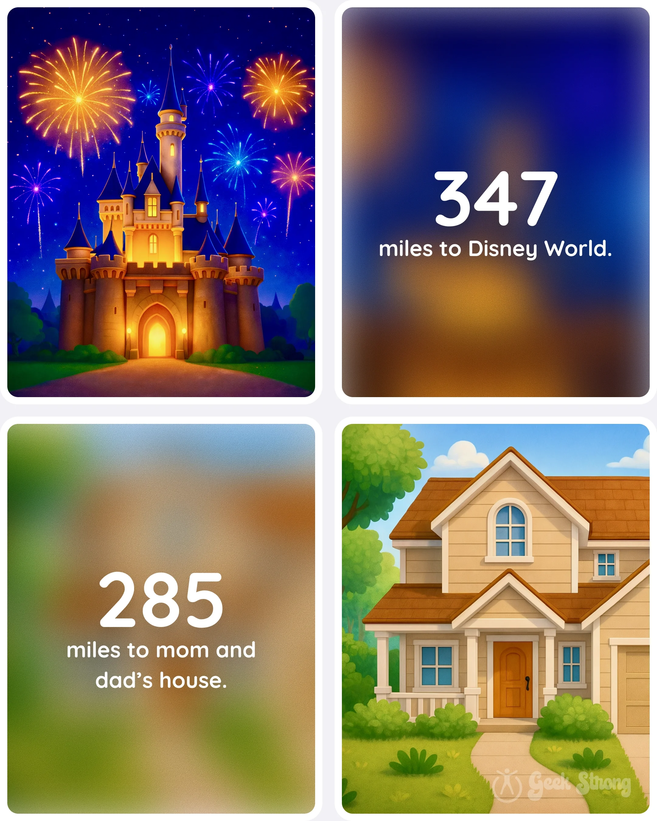  Distance map shows 347 miles to Disney World and 285 miles to mom and dad's house — the far-away escapes Wendy thinks she needs. 