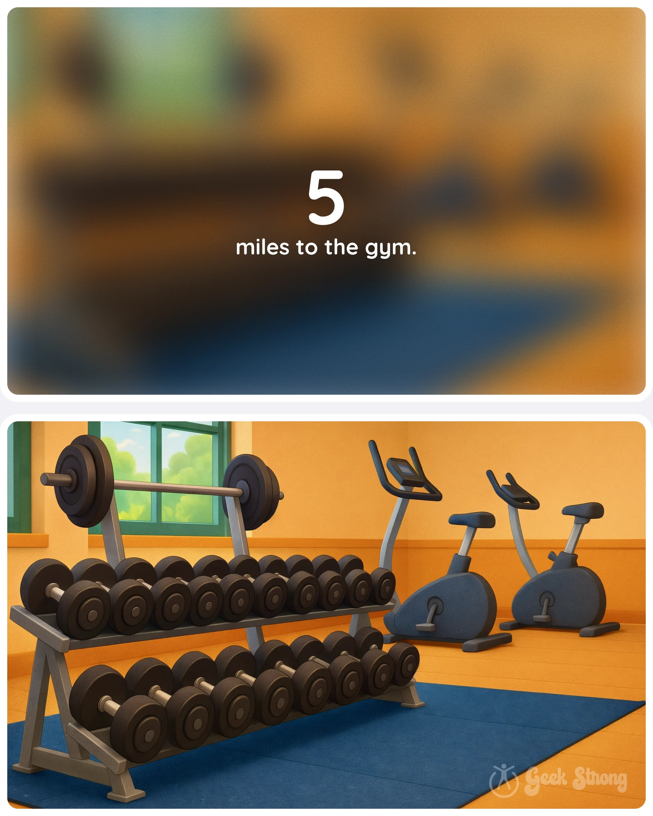  5 miles to the gym with weights and bikes visible — going outside to feel better doesn't have to mean a full workout. 