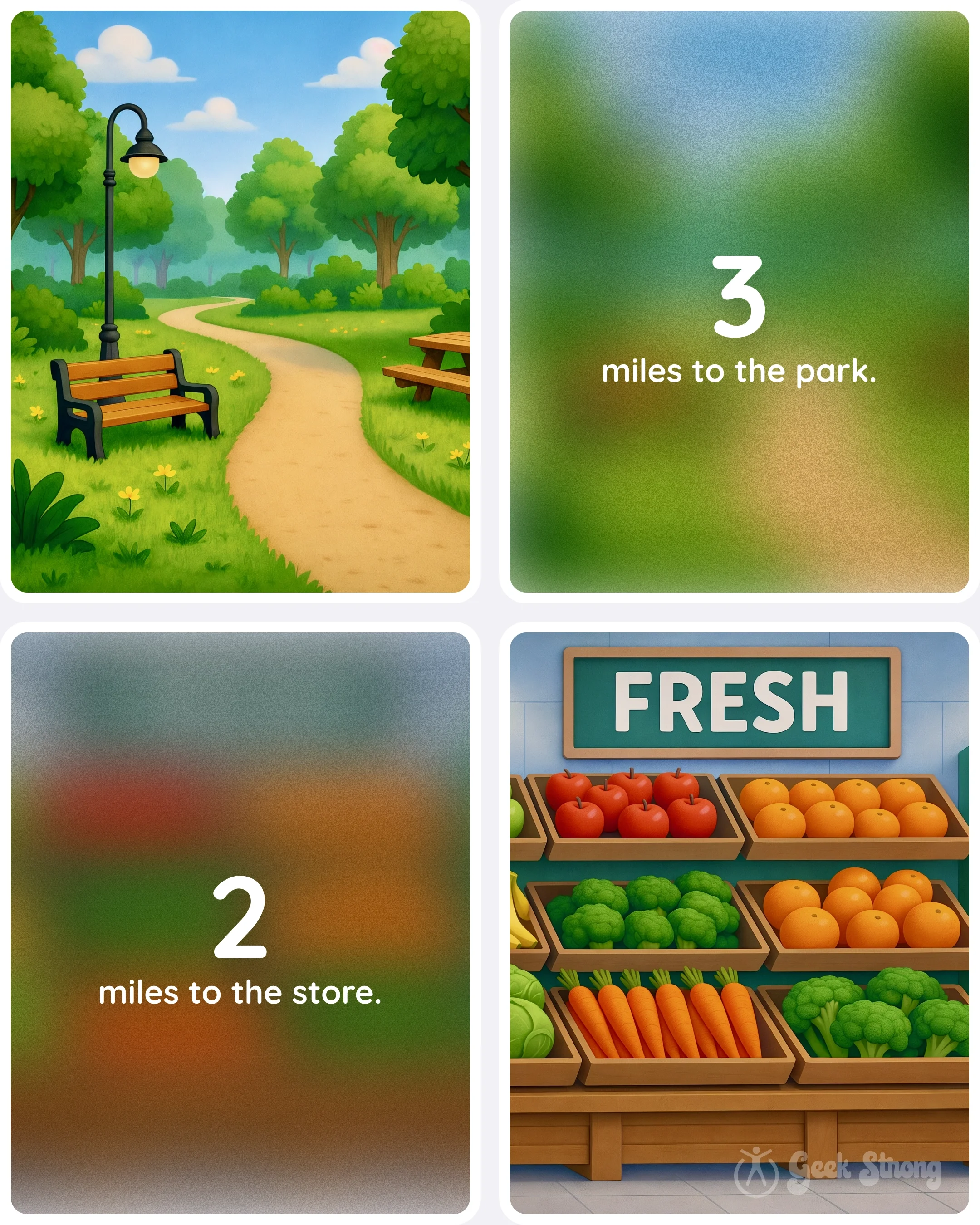  3 miles to the park and 2 miles to the store — the distances are shrinking, and stress relief is getting closer. 