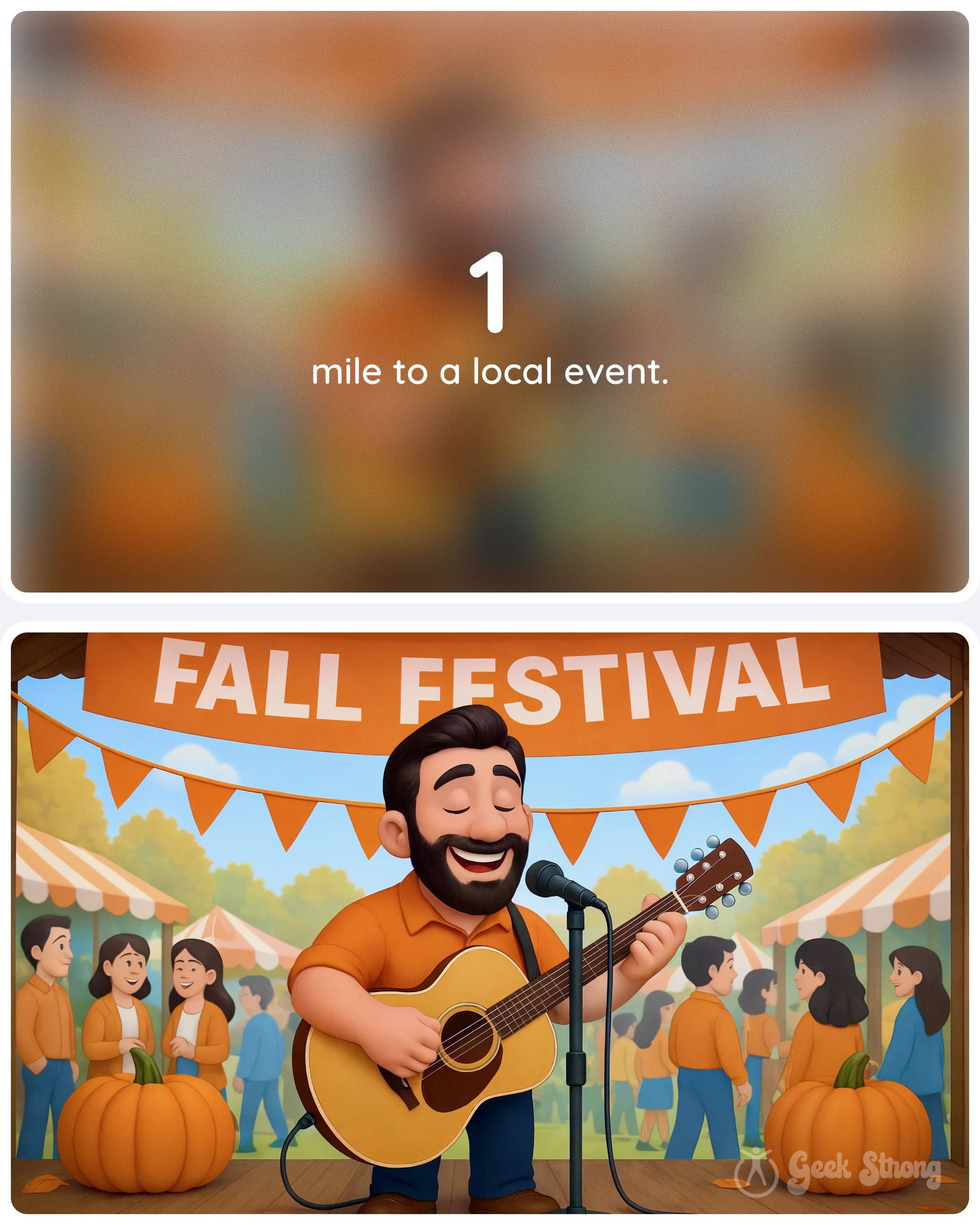  1 mile to a local fall festival with live music — a reminder that going outside to feel better can mean something fun and nearby. 