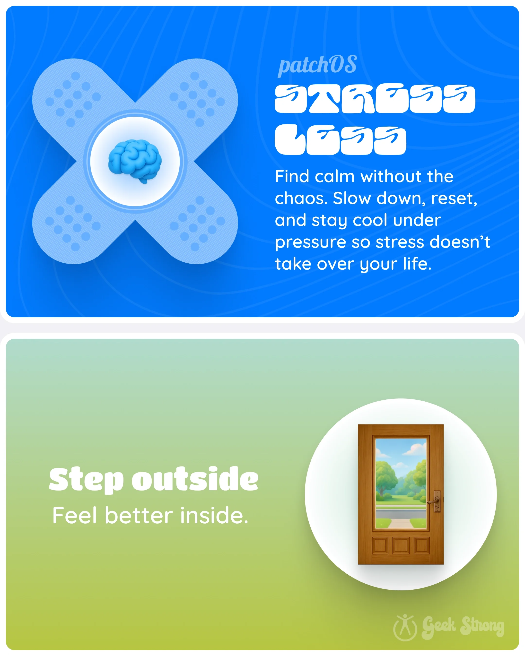  patchOS Stress Less habit card next to a door opening to greenery with the message: step outside, feel better inside. 