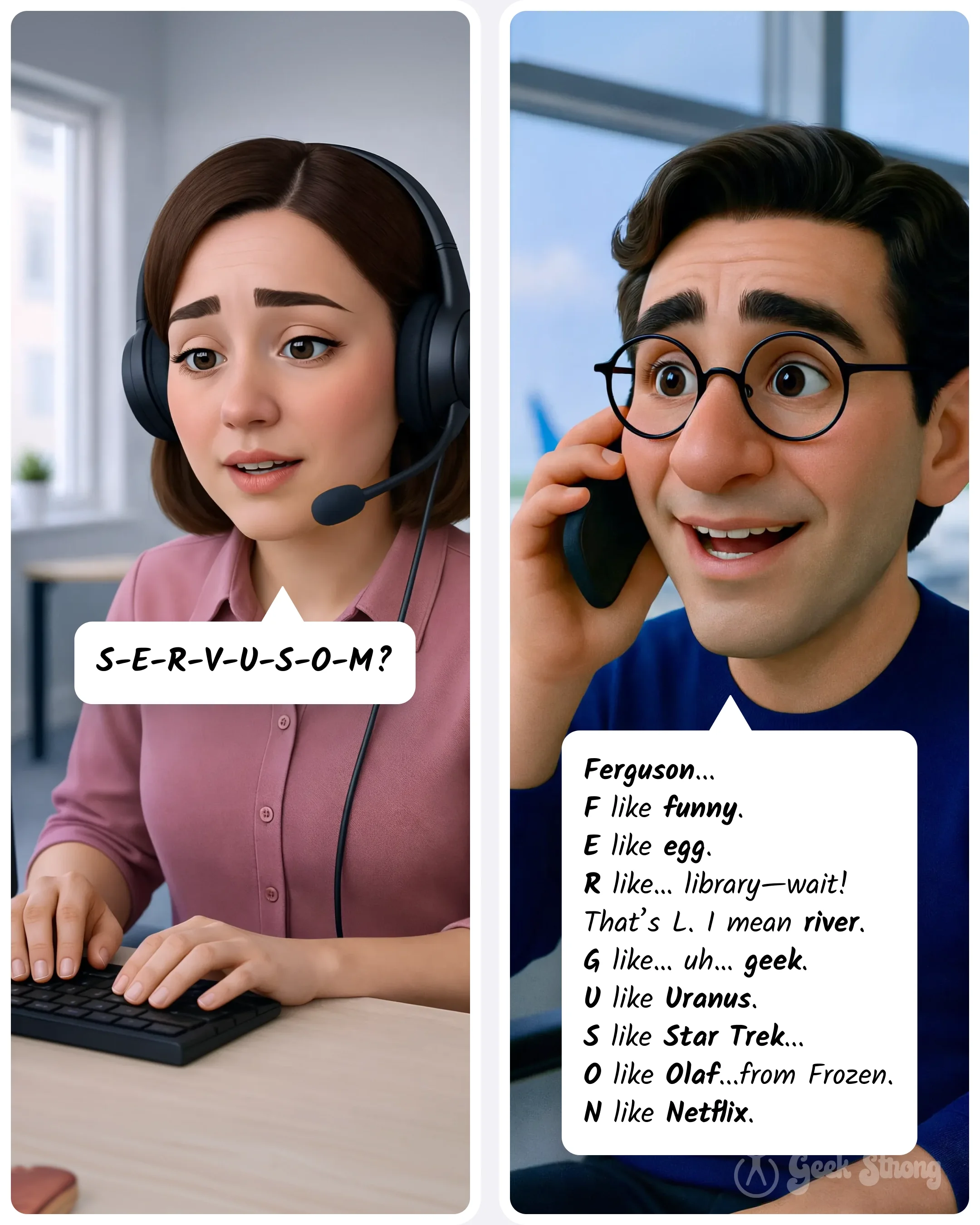  The agent types while repeating a misspelled version of the name as the caller struggles to clarify each letter. 